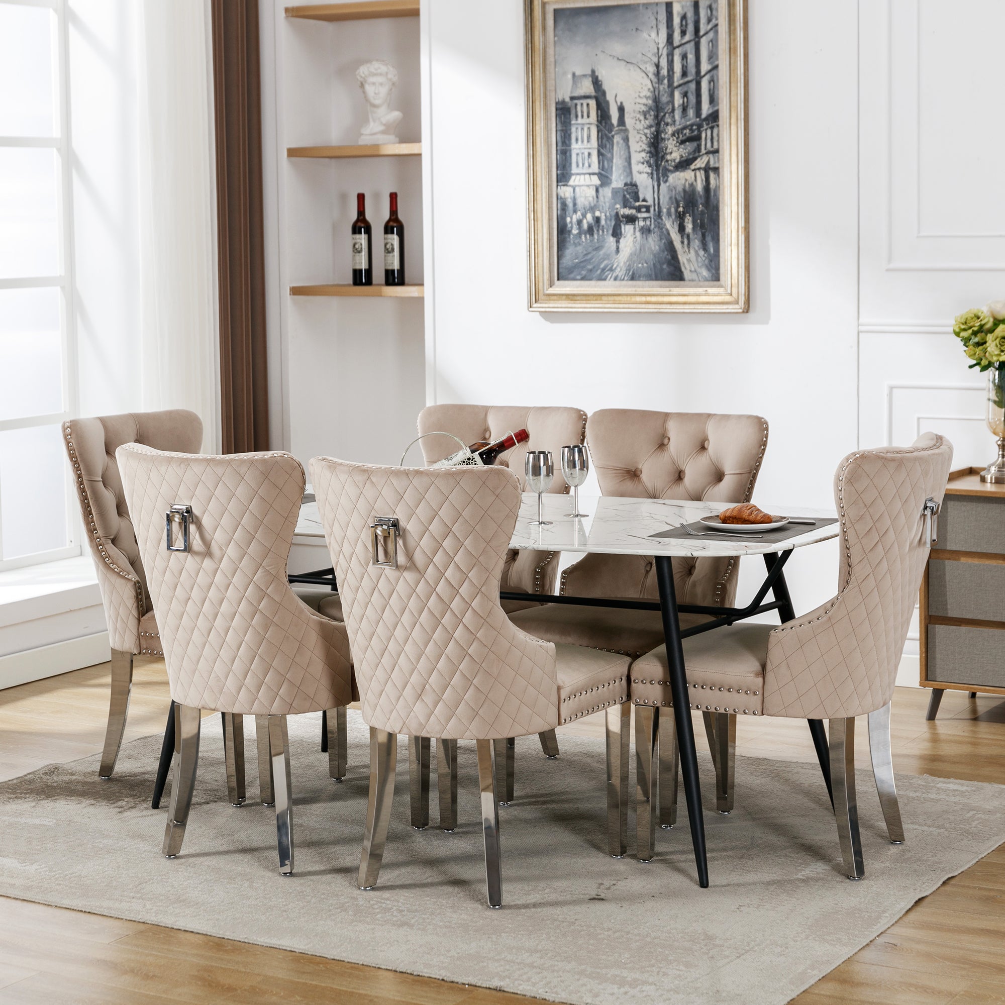 Logidon dining room chair beige velvet upholstered chair with door knocker, set of 6