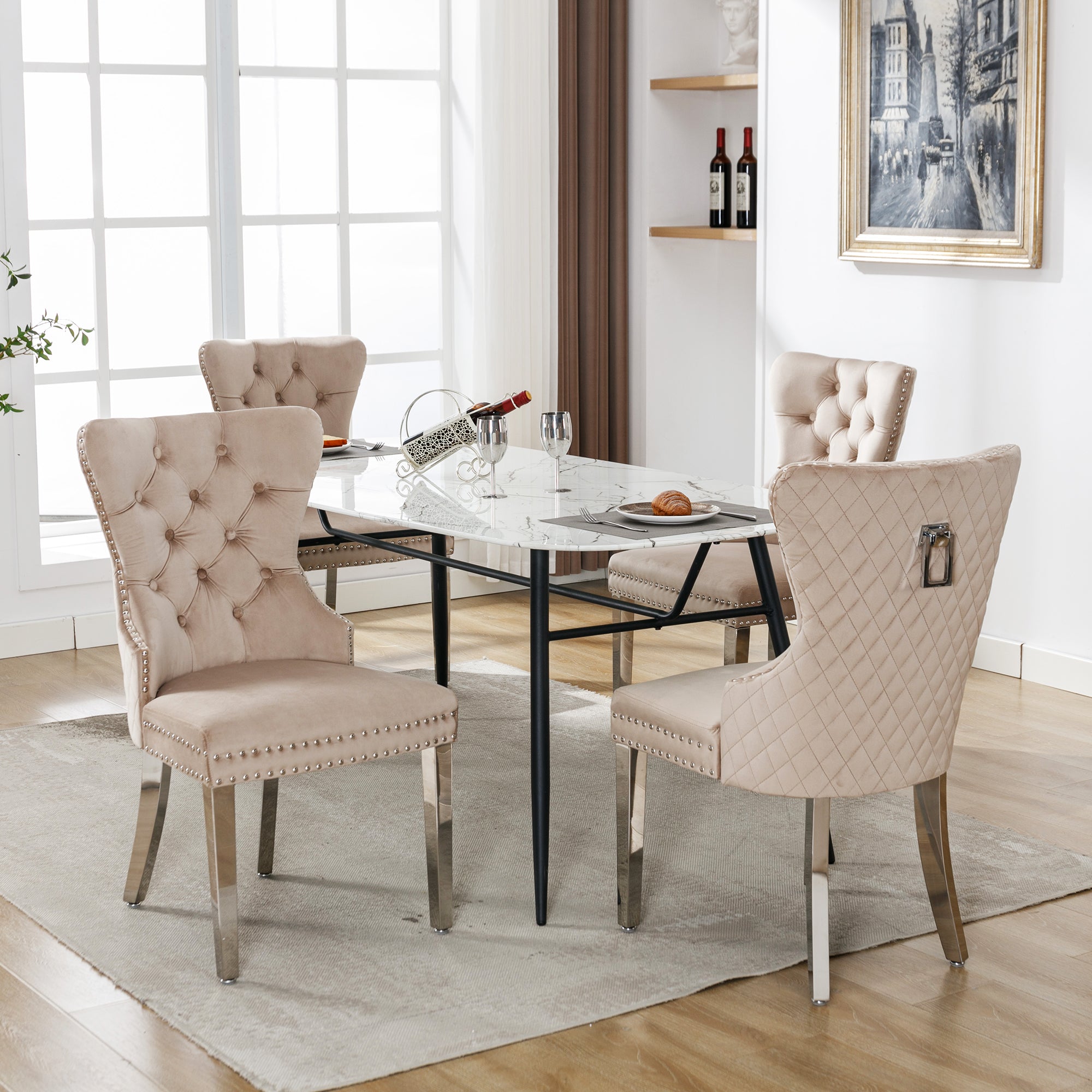 Logidon Eetkamerstoel Beige Fluweel Met Deurklopper Set van 4