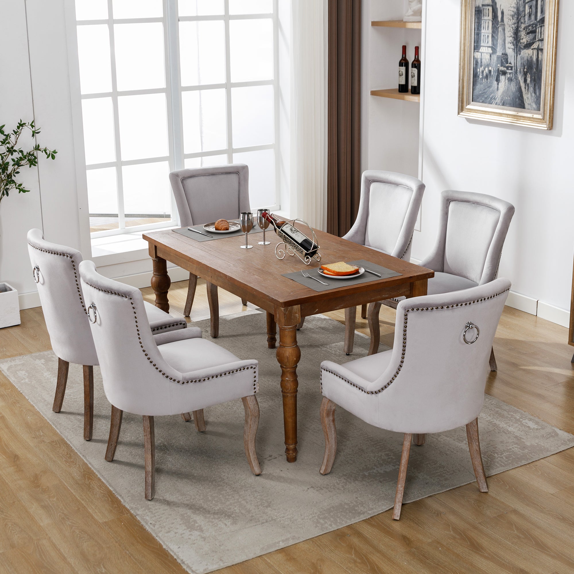 Logidon Luxury Dining Chair Gray Velvet Set of 4 Solid Wood Legs