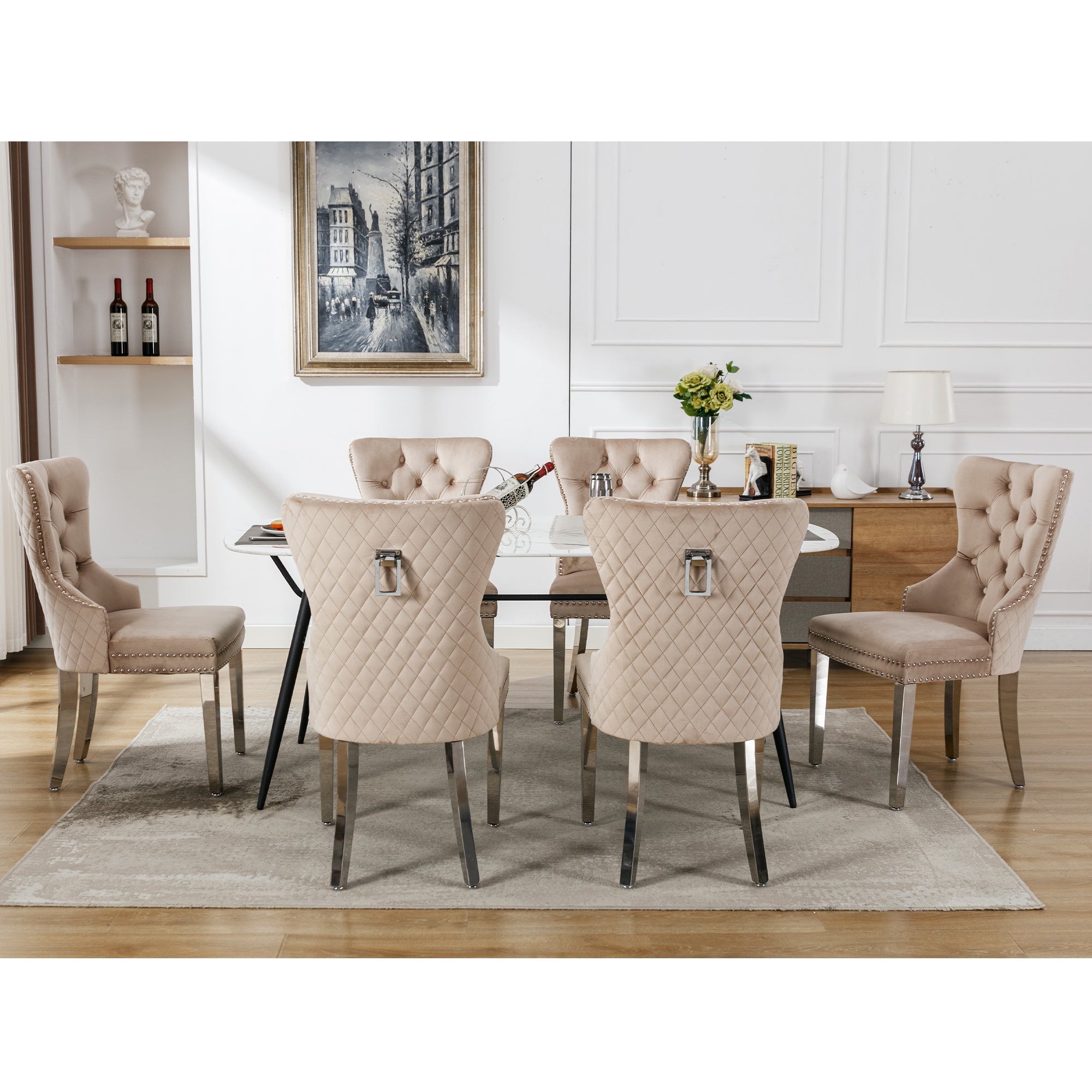 Logidon dining room chair beige velvet upholstered chair with door knocker, set of 6