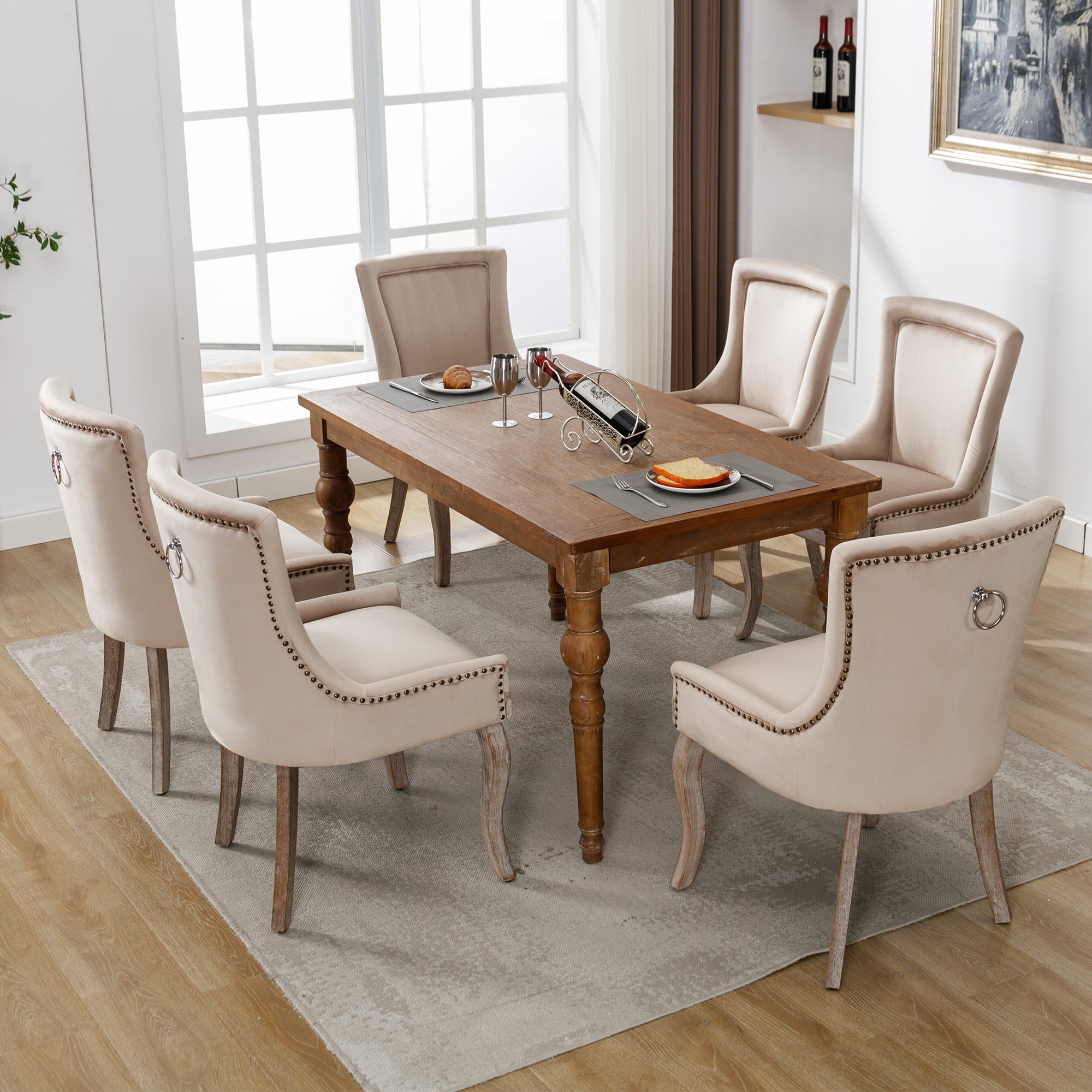 Logidon luxe fluwelen eetkamerstoelen set van 6 met beige spijkerkopafwerking