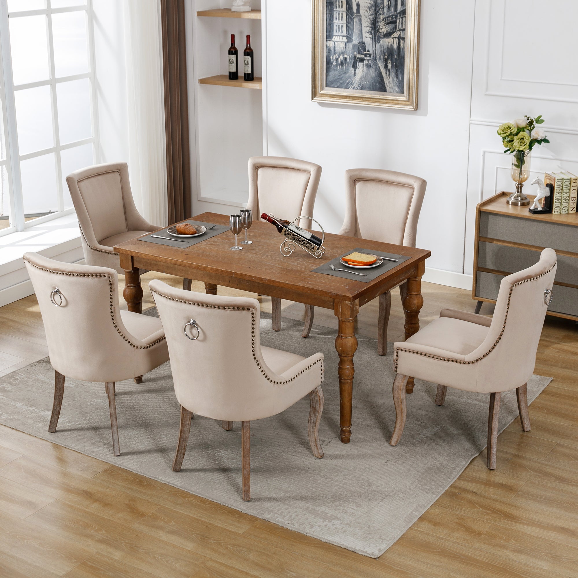 Logidon luxe fluwelen eetkamerstoelen set van 6 met beige spijkerkopafwerking