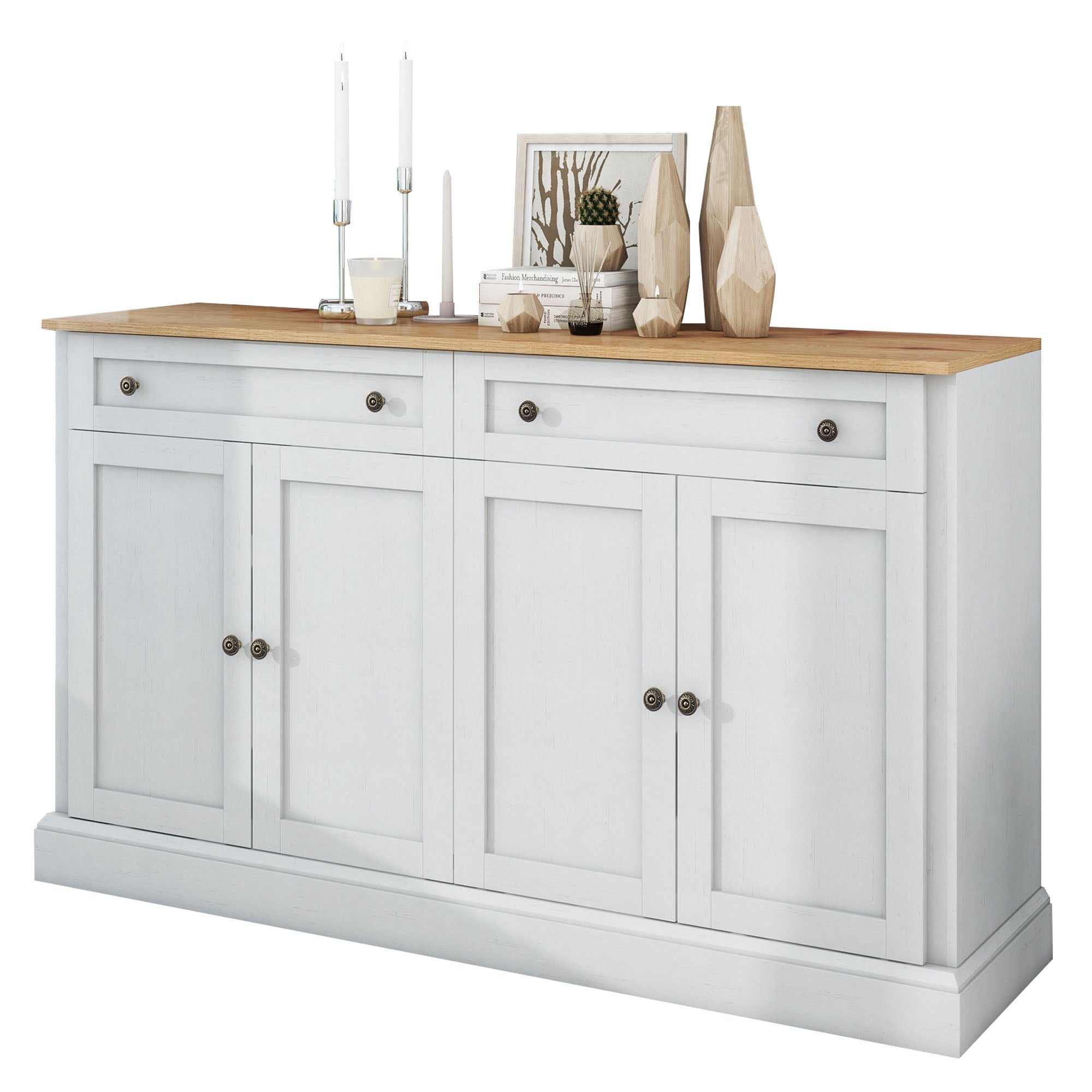 Logidon dressoir antiek wit naturel hout 150x86x40 4 deuren 2 lades