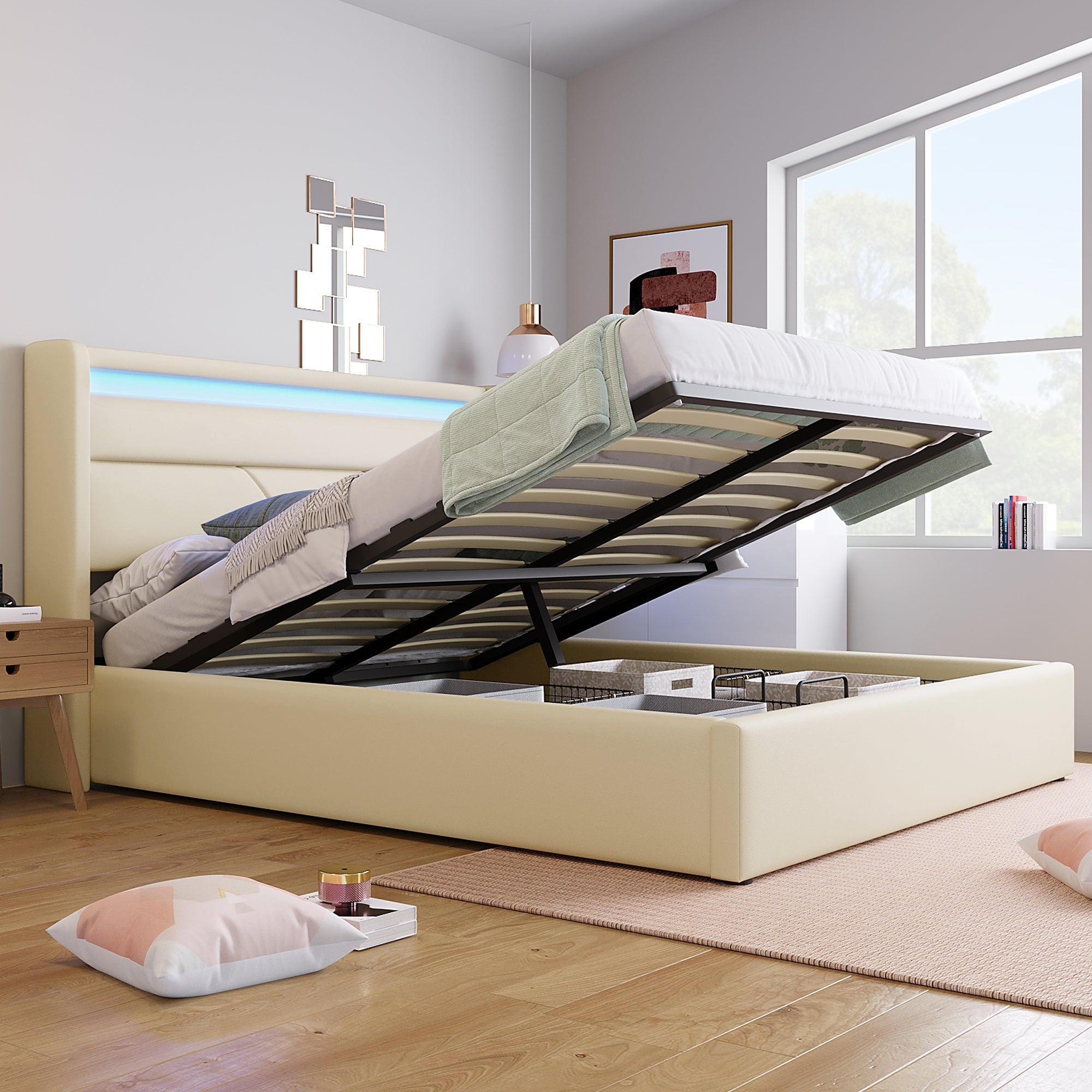 Logidon Hydraulisch Opbergbed Met LED Verlichting 140x200 Wit