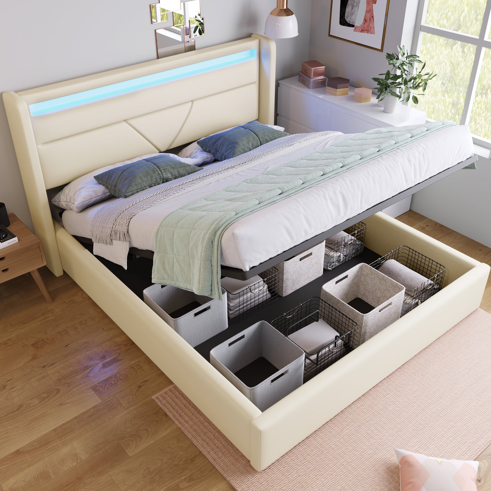 Logidon Hydraulisch Opbergbed Met LED Verlichting 140x200 Wit