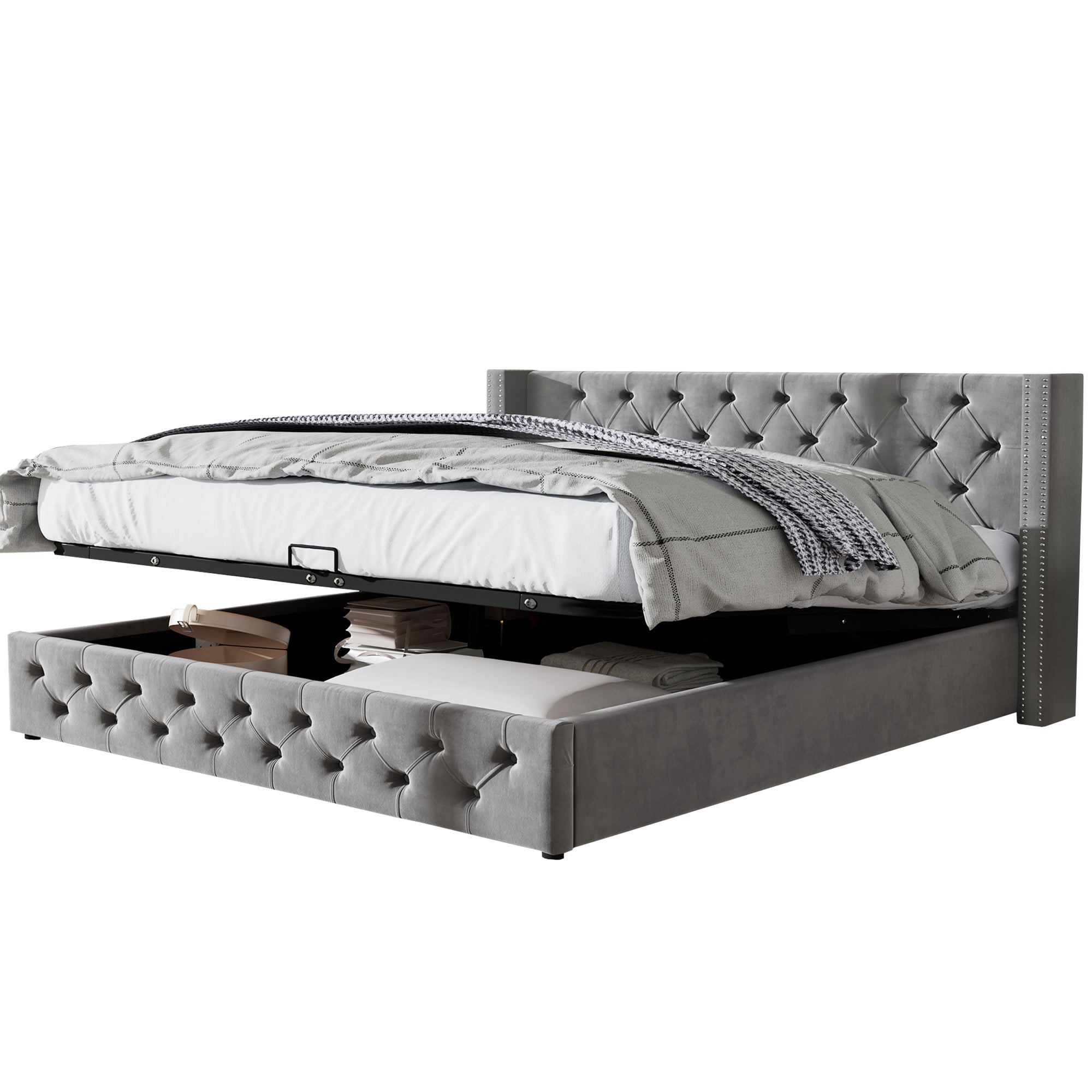 Logidon gestoffeerd tweepersoonsbed 140x190 grijs hydraulisch opbergbaar fluwelen hoofdeinde