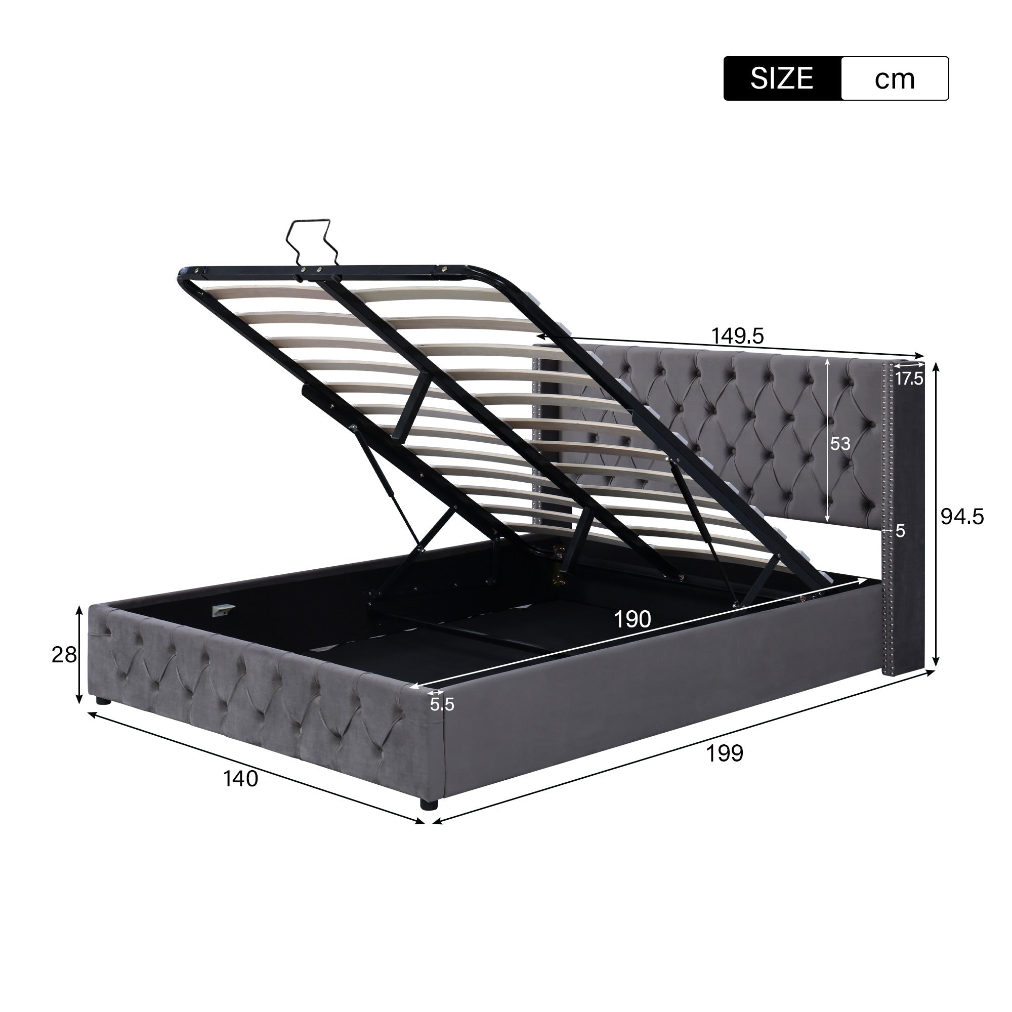 Logidon gestoffeerd tweepersoonsbed 140x190 grijs hydraulisch opbergbaar fluwelen hoofdeinde
