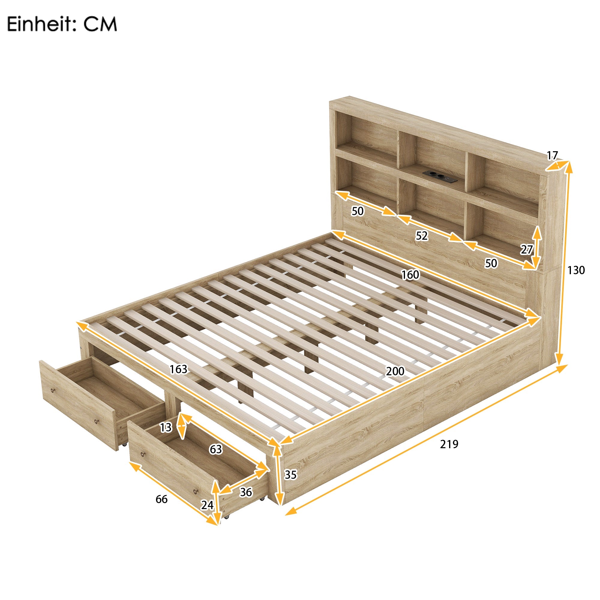 Logidon 160x200 tweepersoonsbed naturel met opbergruimte hoofdbordladen