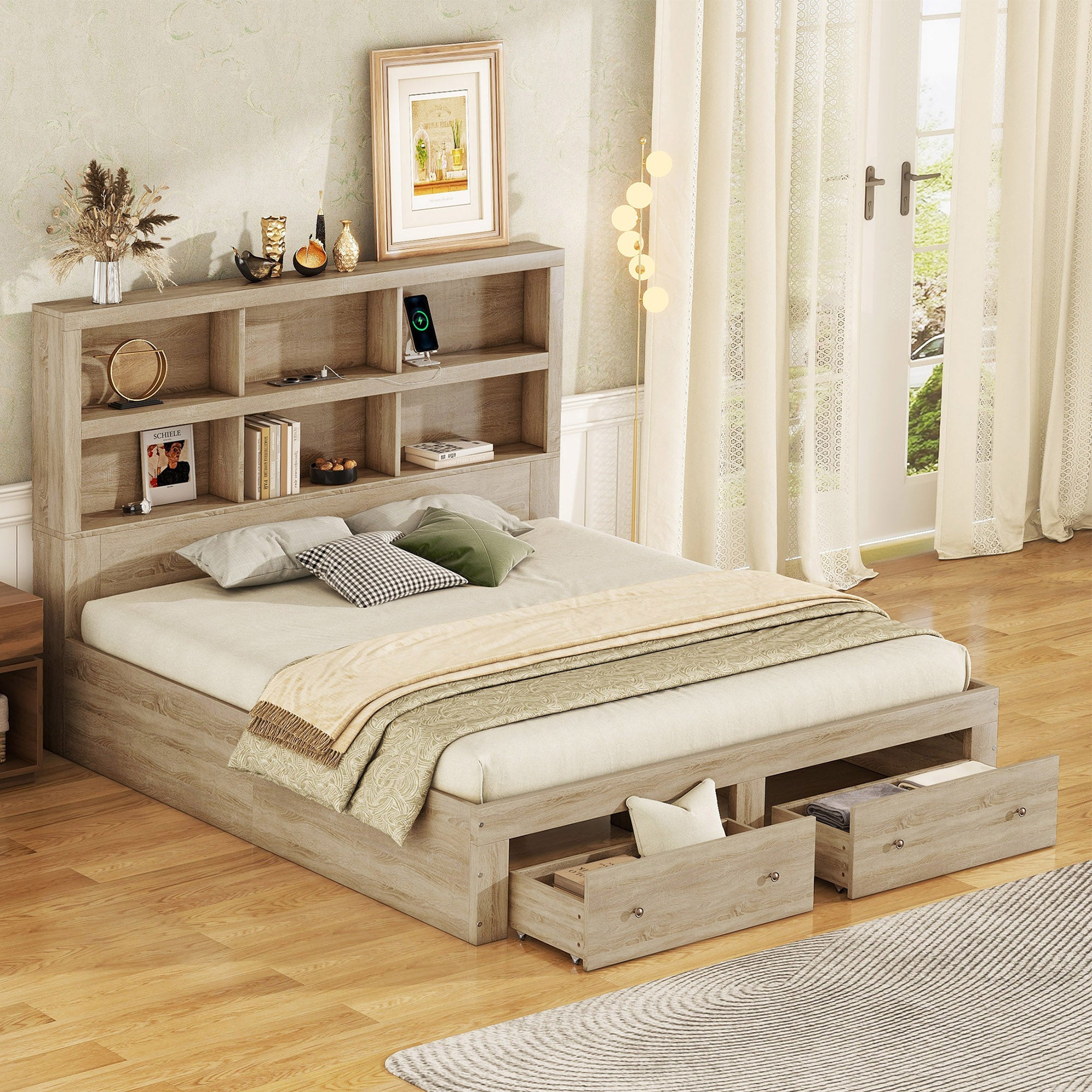 Logidon 160x200 tweepersoonsbed naturel met opbergruimte hoofdbordladen