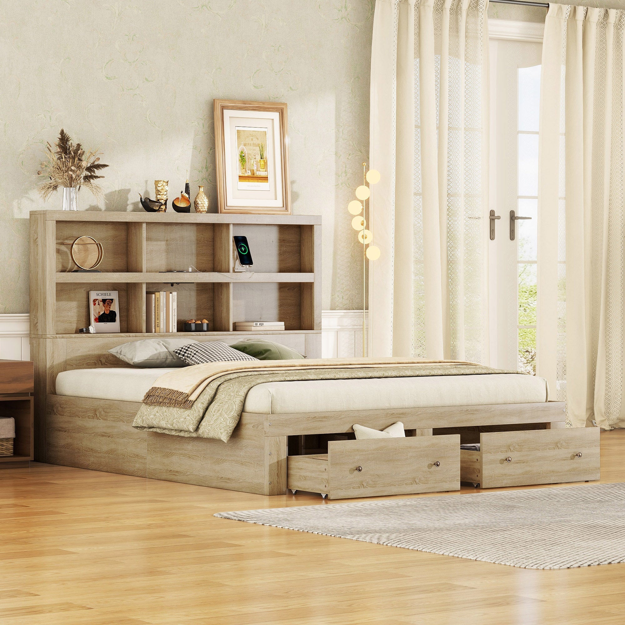 Logidon 160x200 tweepersoonsbed naturel met opbergruimte hoofdbordladen