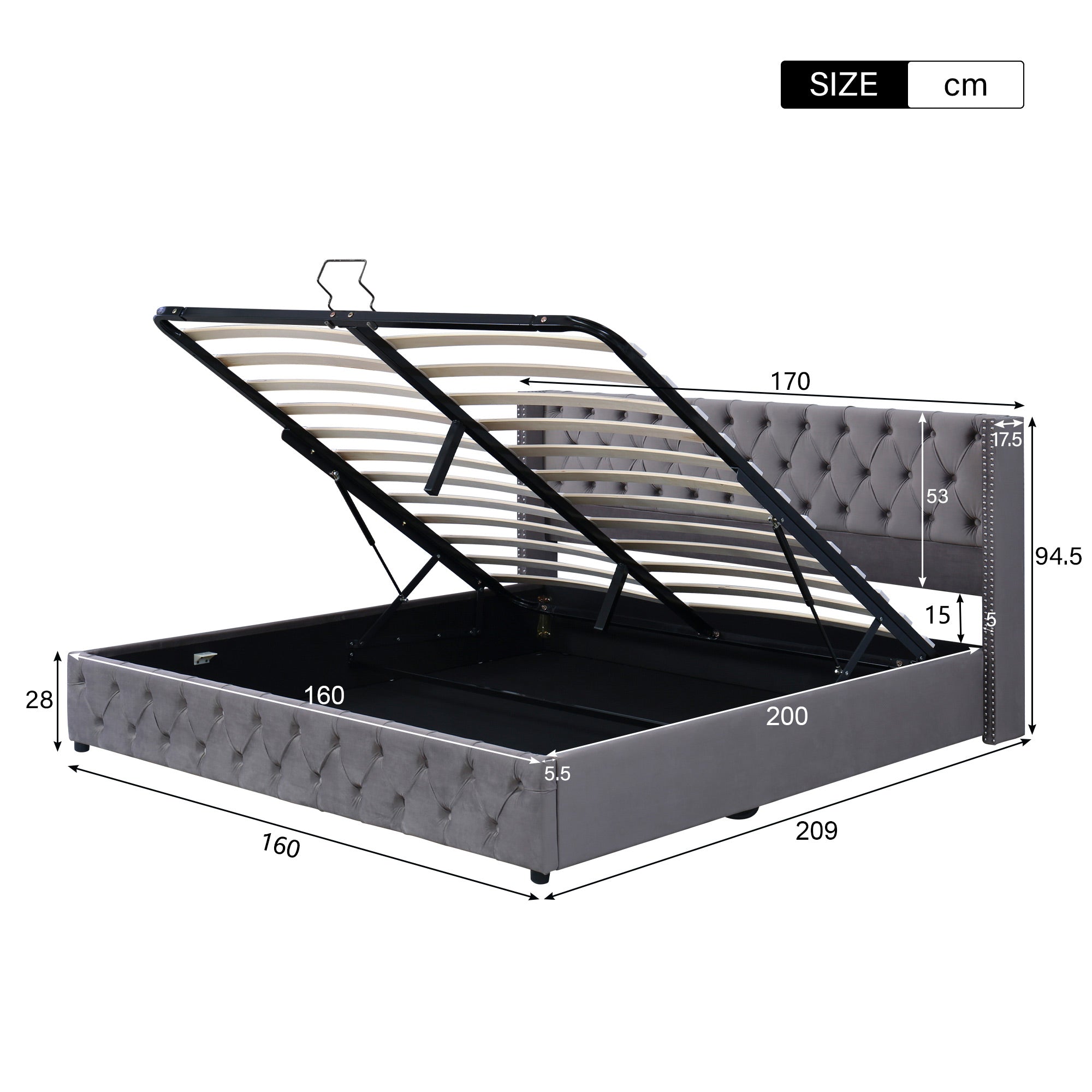 Logidon gestoffeerd bed grijs flanel 160x200 dubbele rij klinknagels