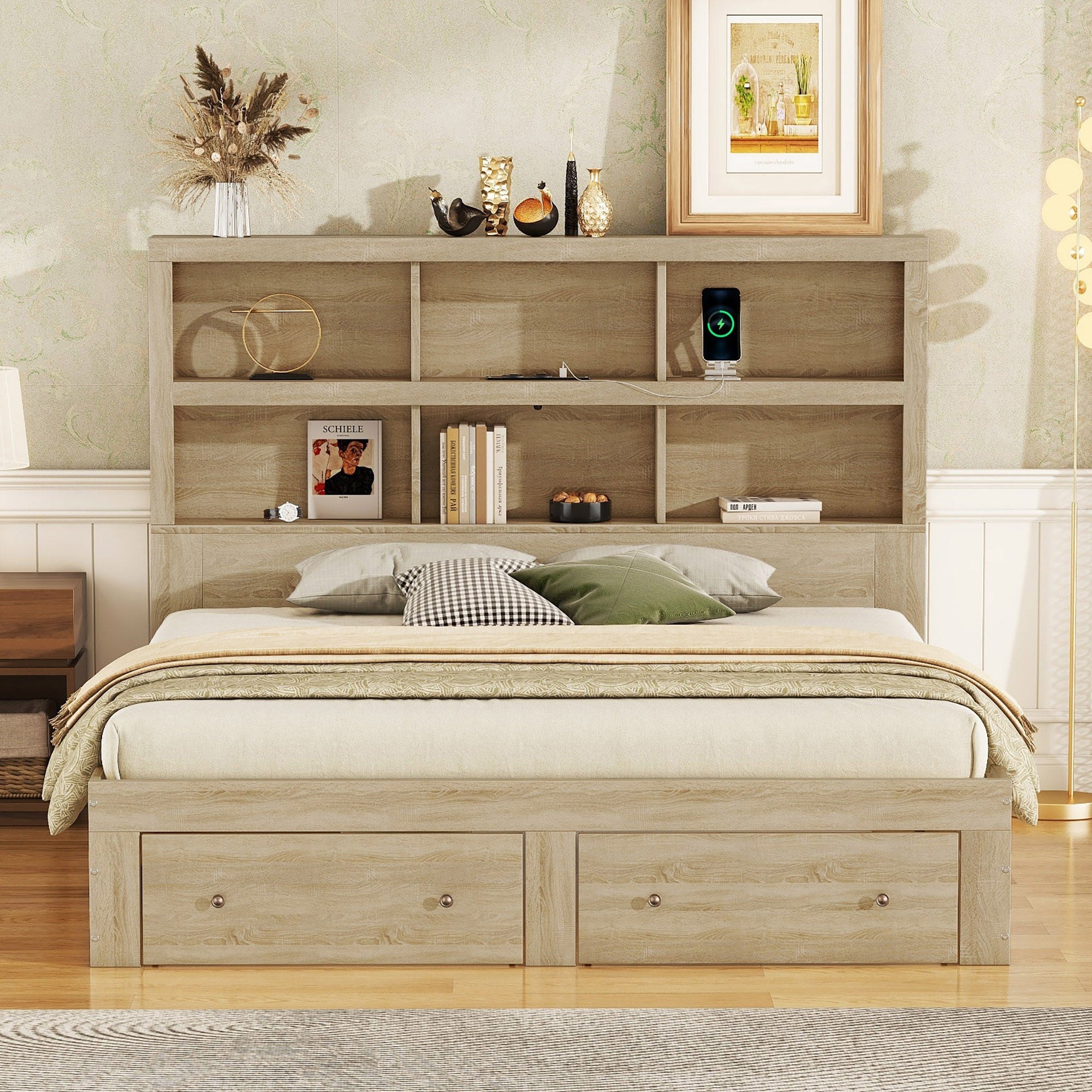 Logidon 160x200 tweepersoonsbed naturel met opbergruimte hoofdbordladen