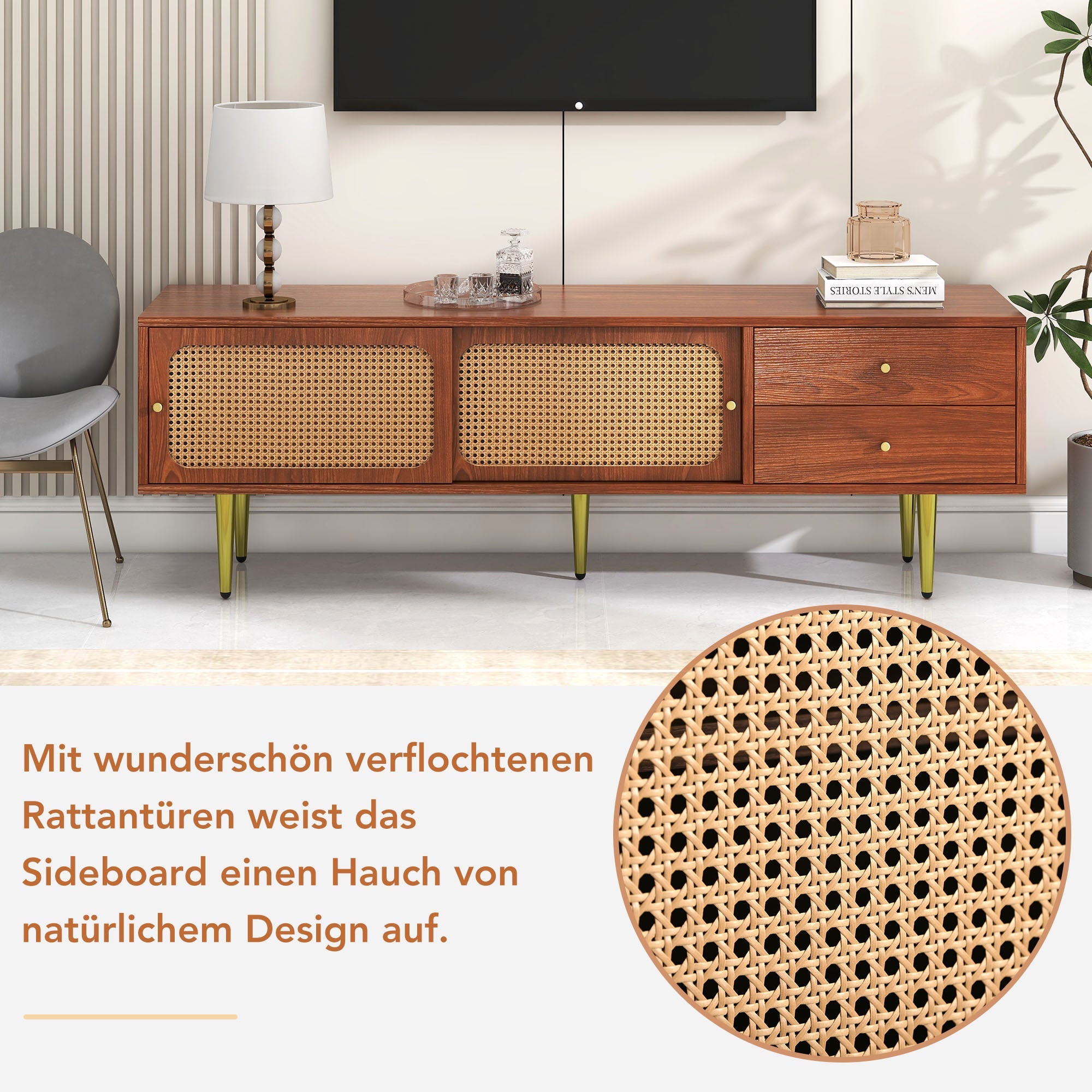 Logidon Stijlvol TV-meubel Walnoot met Rotan Schuifdeuren en 2 Laden