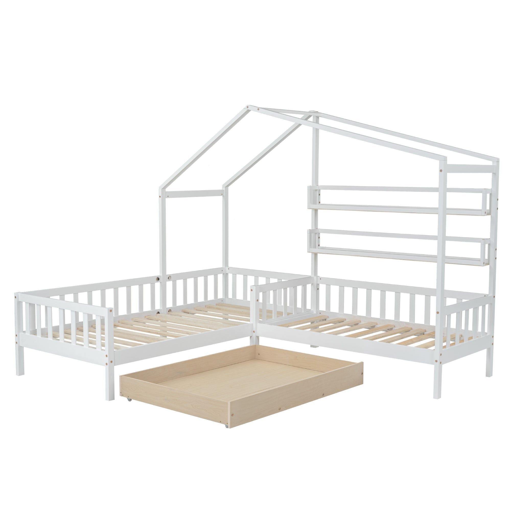 Logidon kinderhuisbed wit massief hout met lades 90x200+140x70