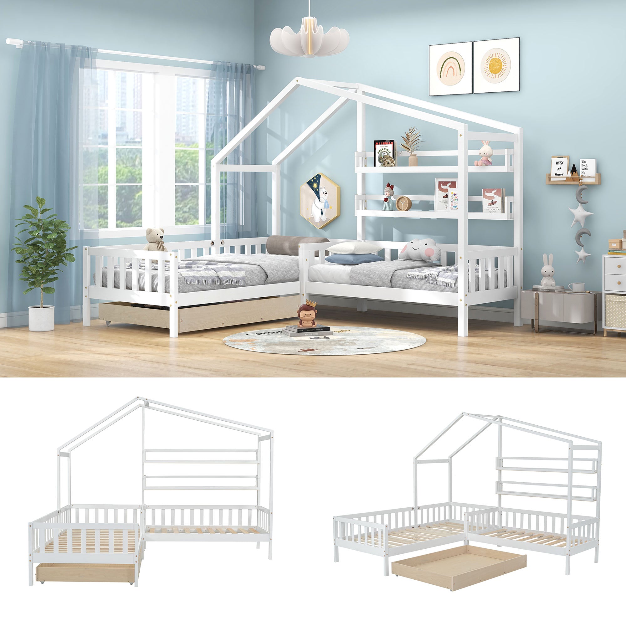 Logidon kinderhuisbed wit massief hout met lades 90x200+140x70