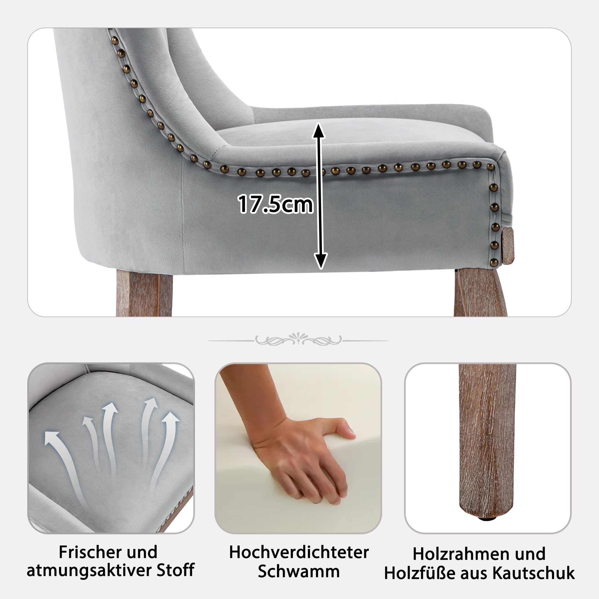 Logidon Luxury Dining Chair Gray Velvet Set of 4 Solid Wood Legs