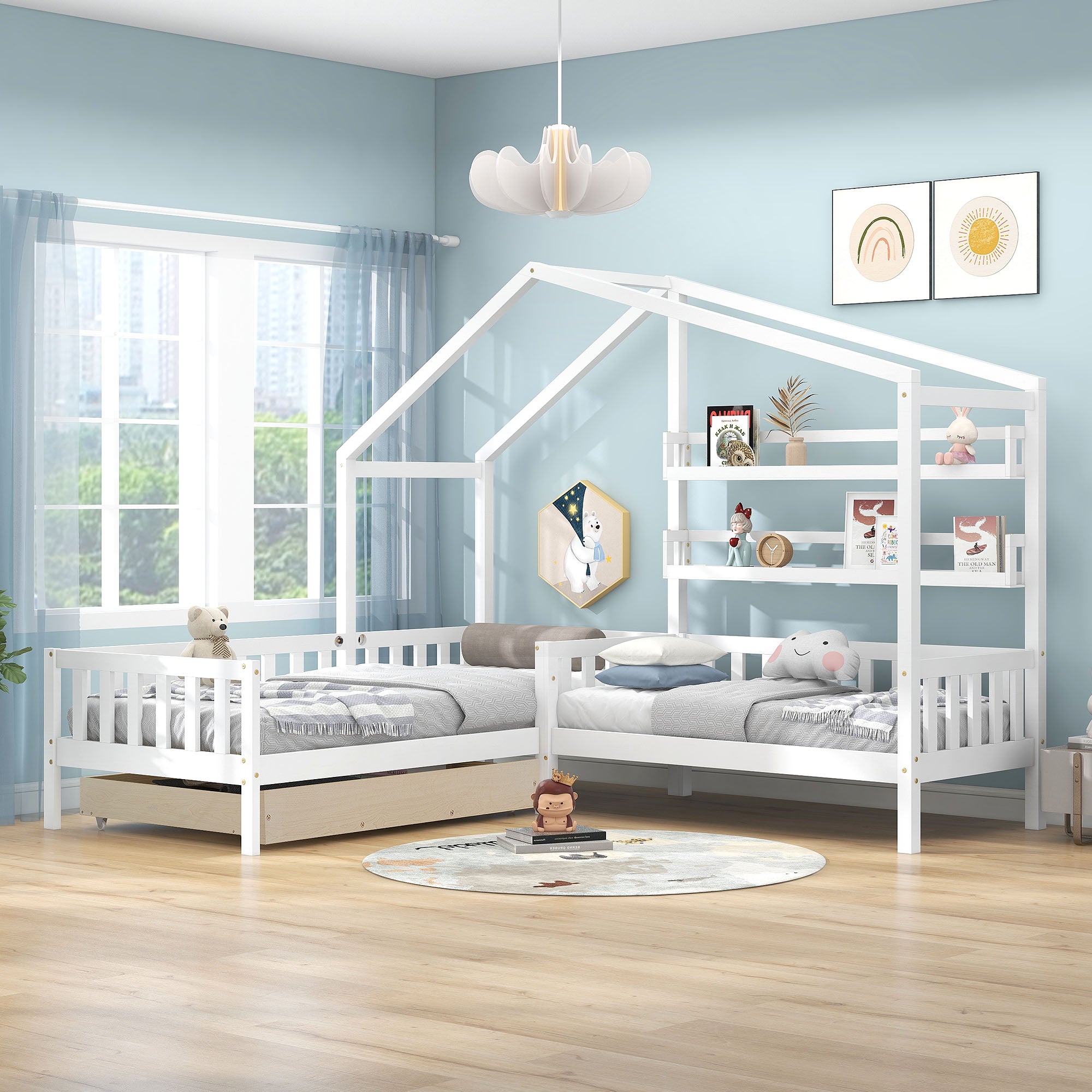 Logidon kinderhuisbed wit massief hout met lades 90x200+140x70