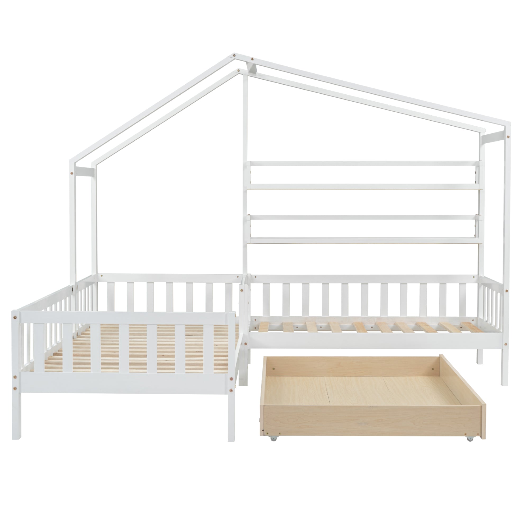 Logidon kinderhuisbed wit massief hout met lades 90x200+140x70