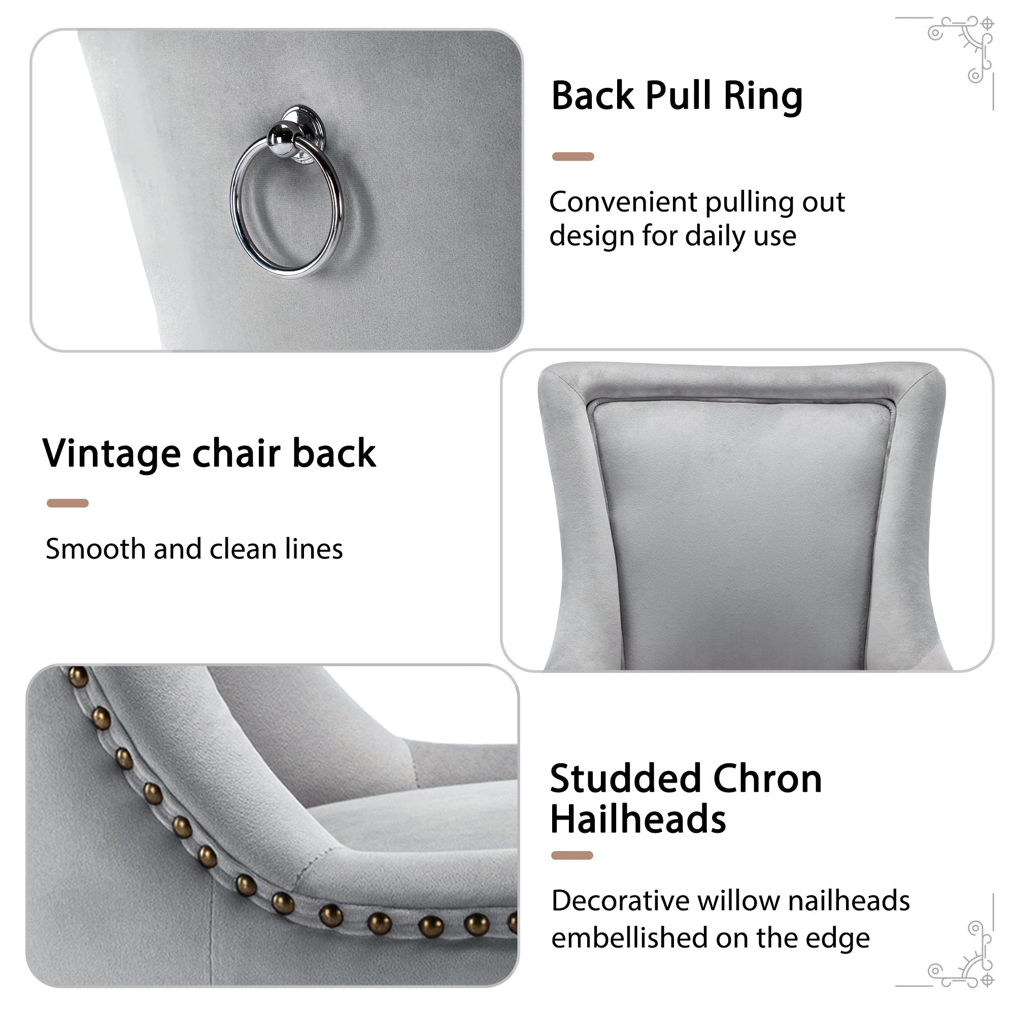 Logidon Luxury Dining Chair Gray Velvet Set of 4 Solid Wood Legs