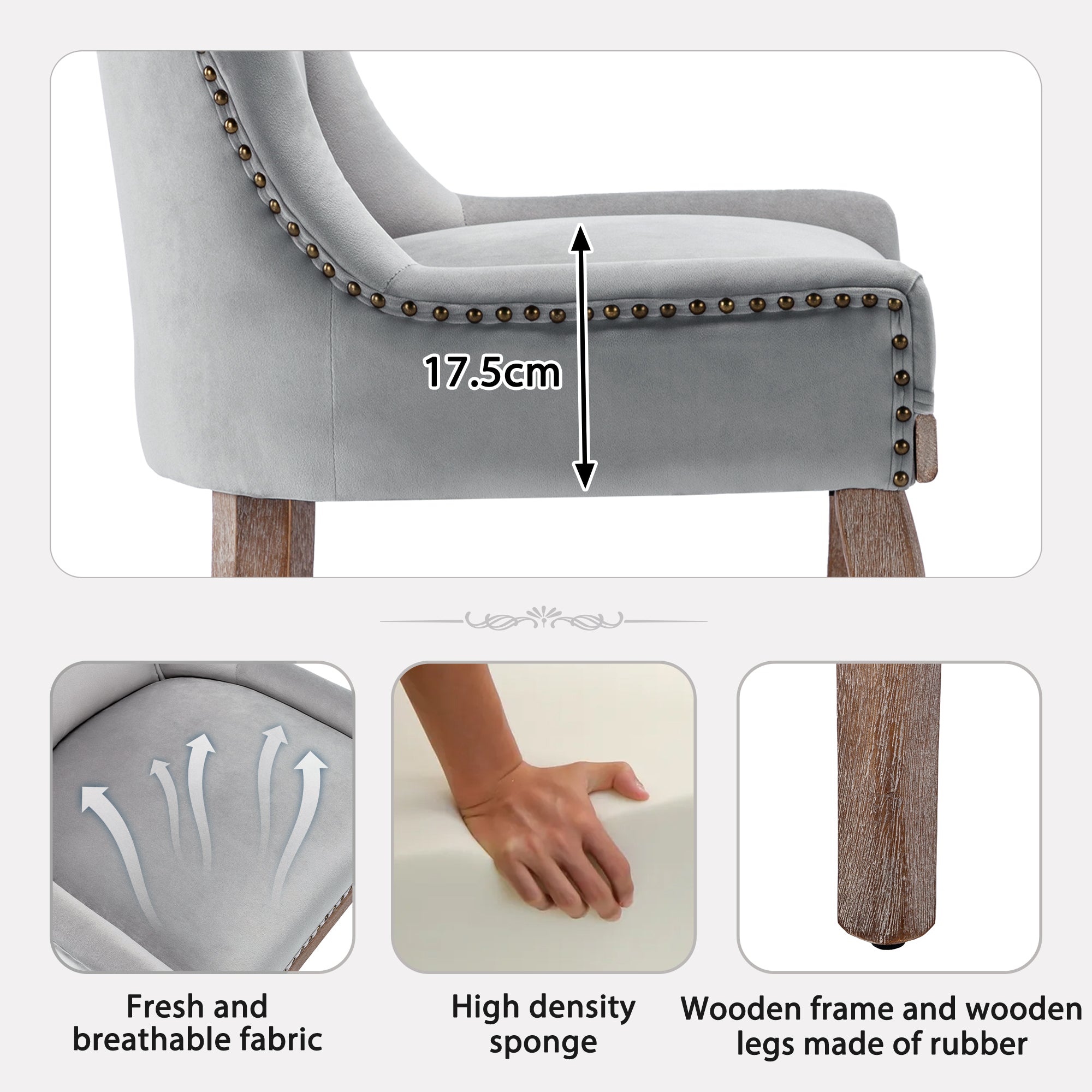 Logidon luxe eetkamerstoelenset vier grijze fluwelen stoelen met spijkerkop