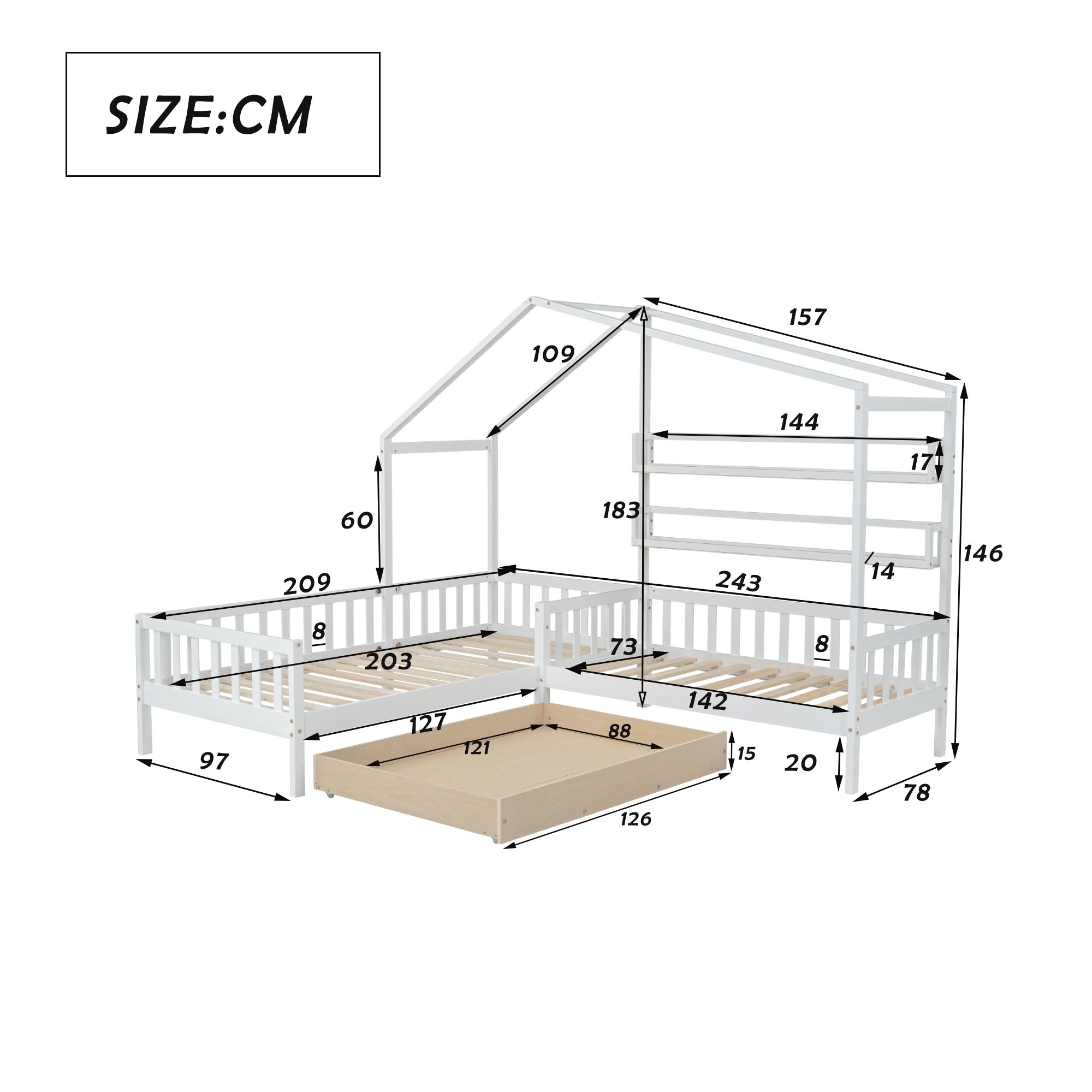 Logidon kinderhuisbed wit massief hout met lades 90x200+140x70
