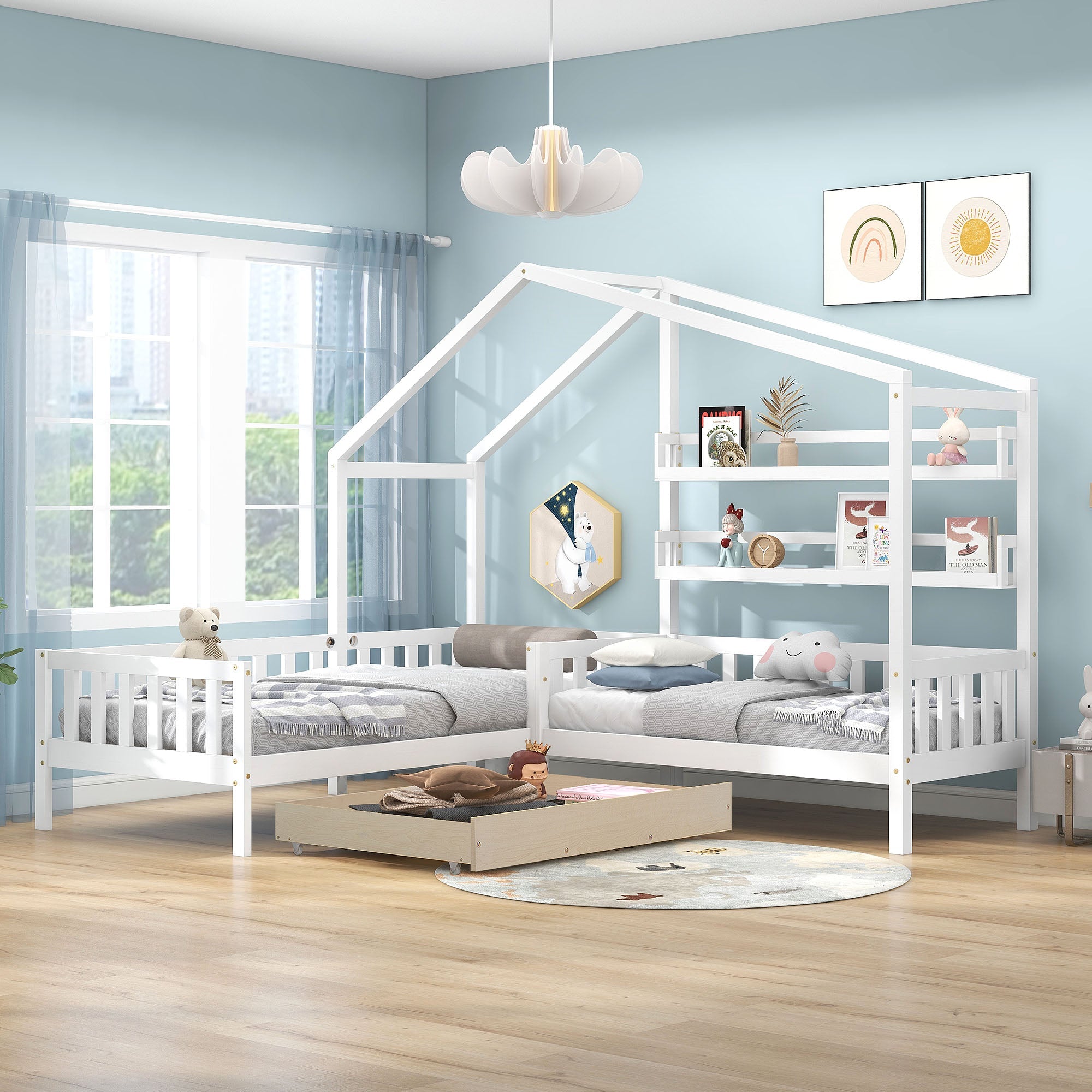 Logidon kinderhuisbed wit massief hout met lades 90x200+140x70