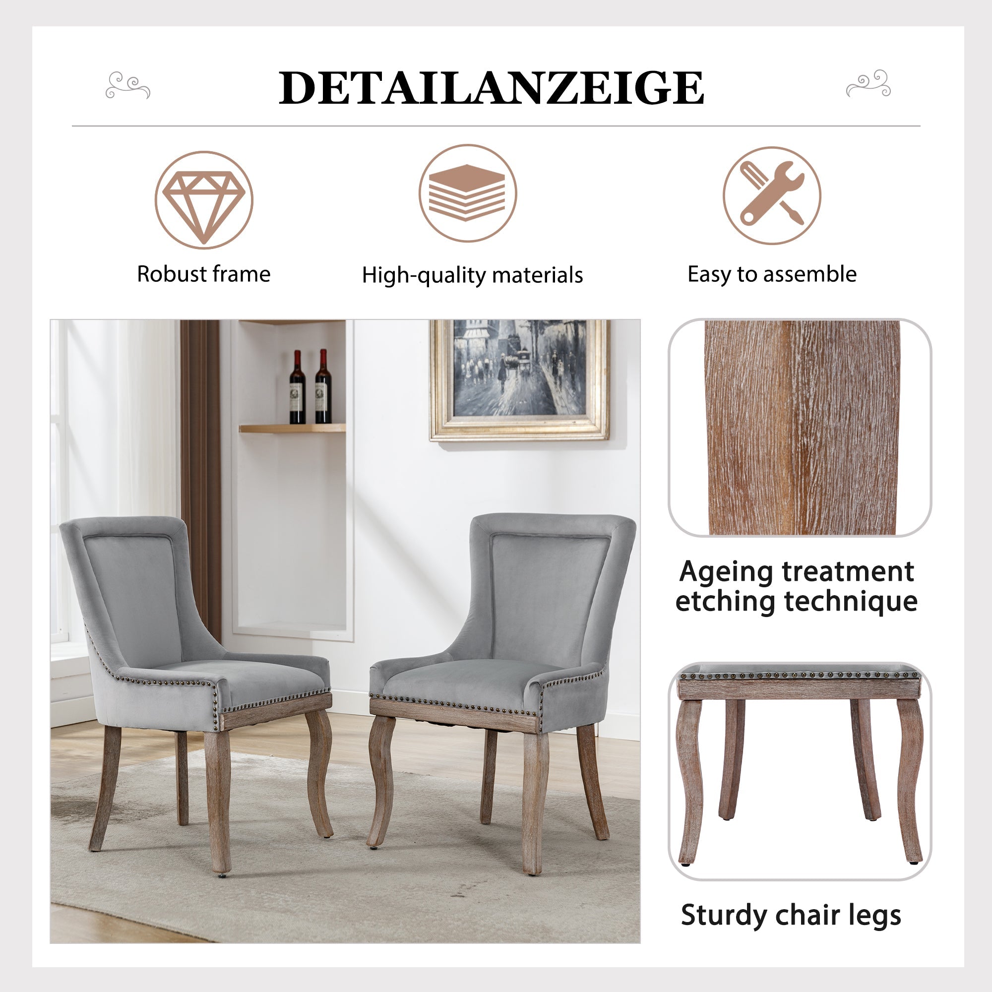 Logidon Luxury Dining Chair Gray Velvet Set of 4 Solid Wood Legs