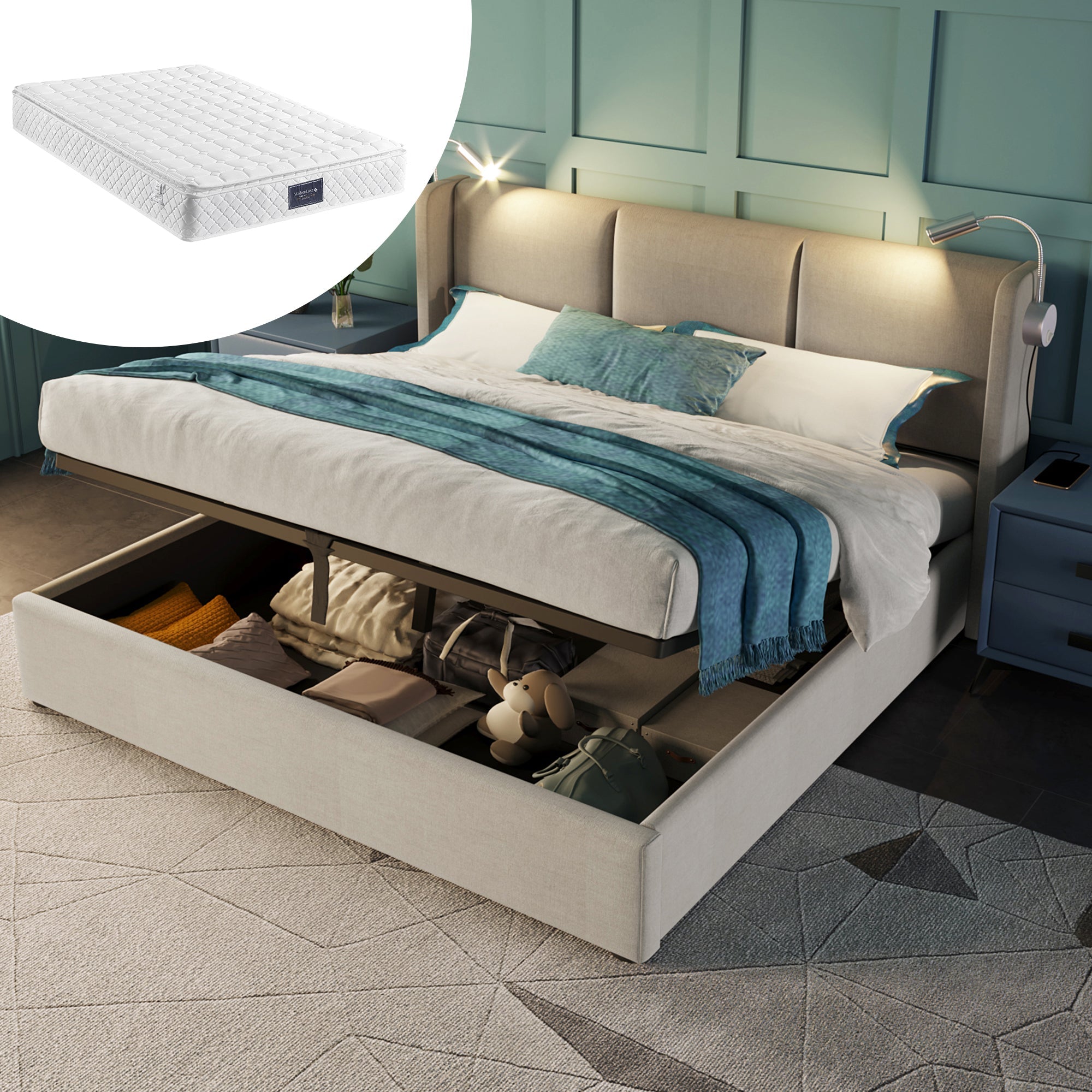 Logidon gestoffeerd bed 140x200 beige met opbergruimte USB oplaadfunctie
