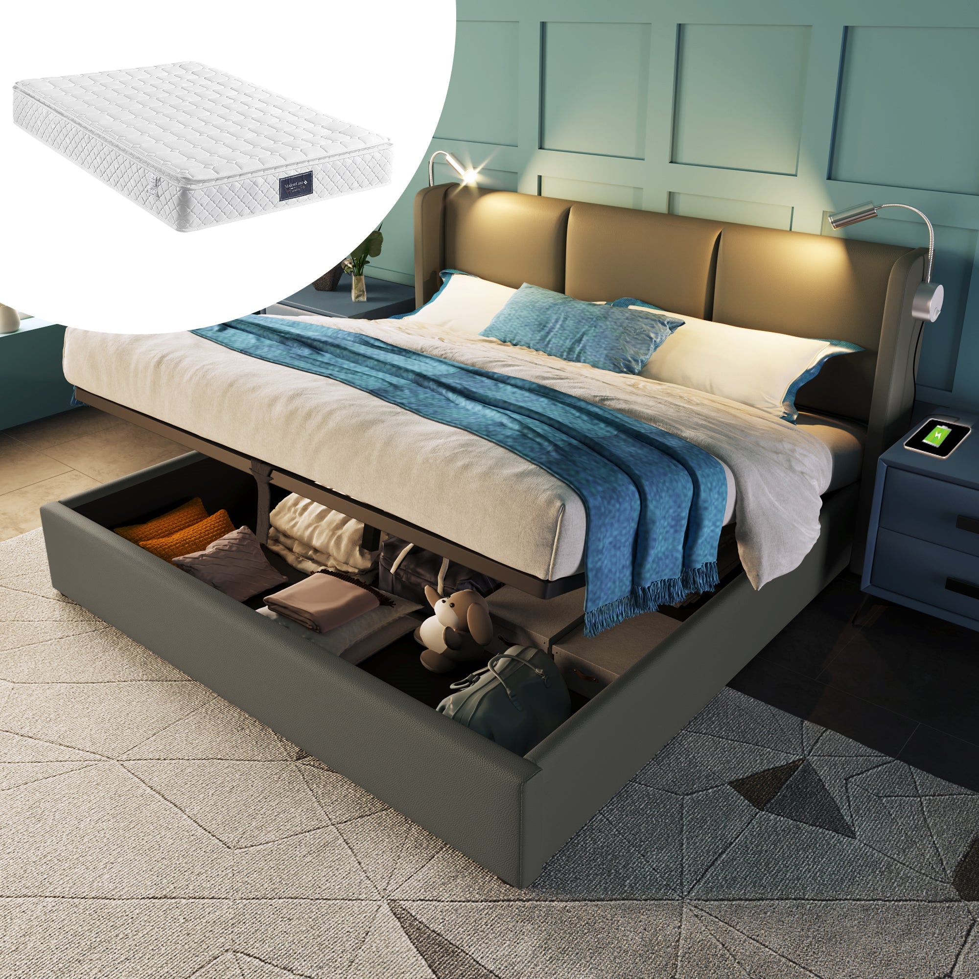 Logidon gestoffeerd bed 140x200 grijs opbergruimte USB oplaadfunctie leeslampje