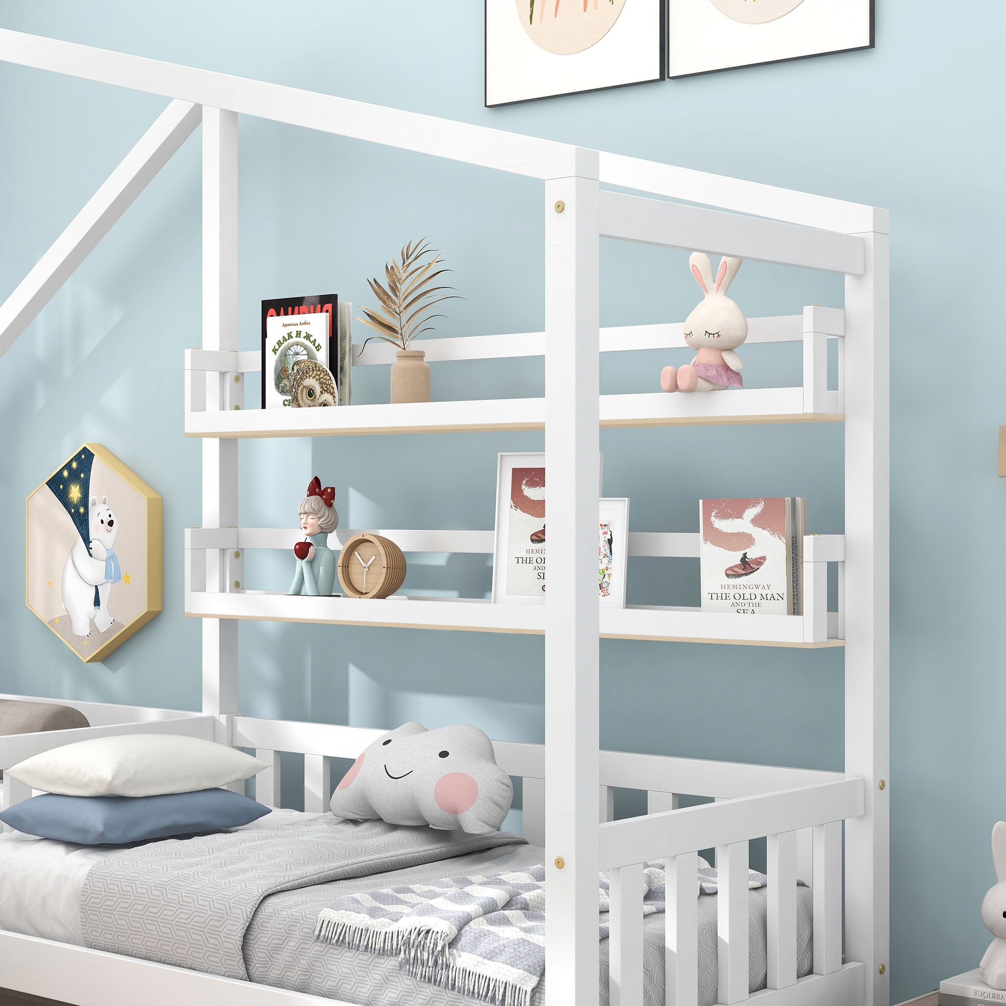 Logidon kinderhuisbed wit massief hout met lades 90x200+140x70