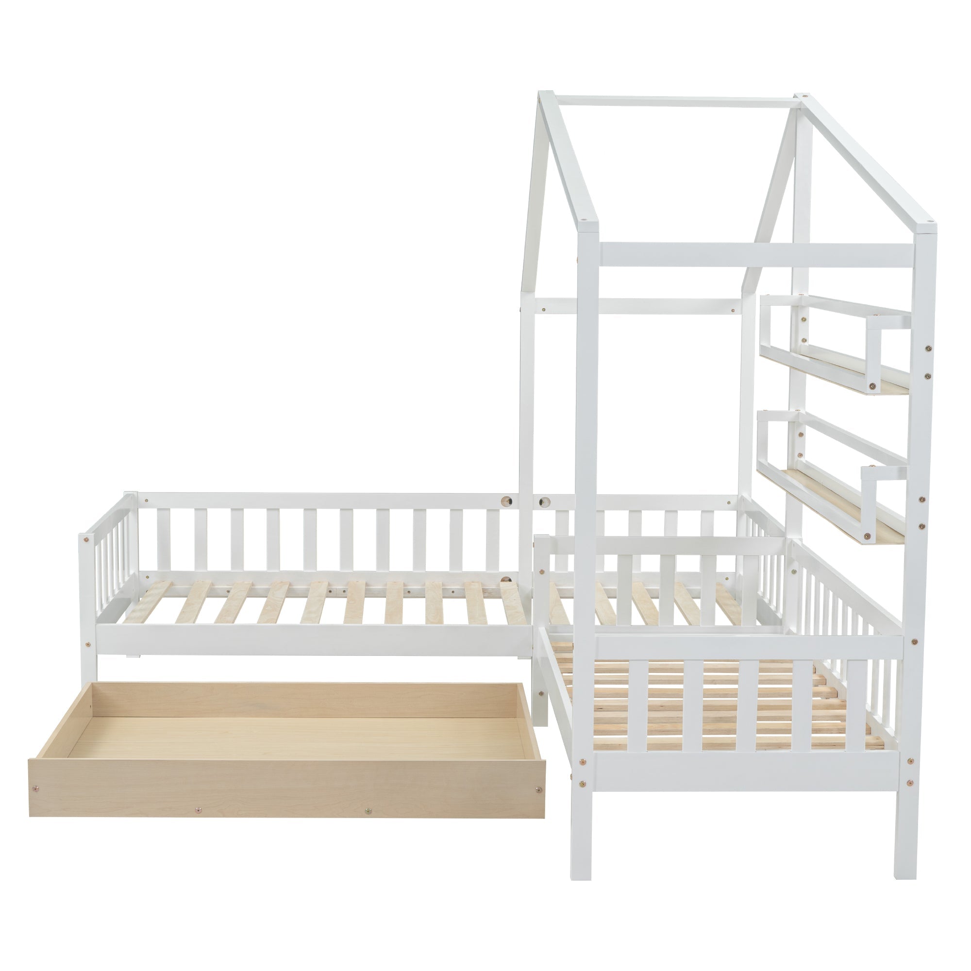 Logidon kinderhuisbed wit massief hout met lades 90x200+140x70