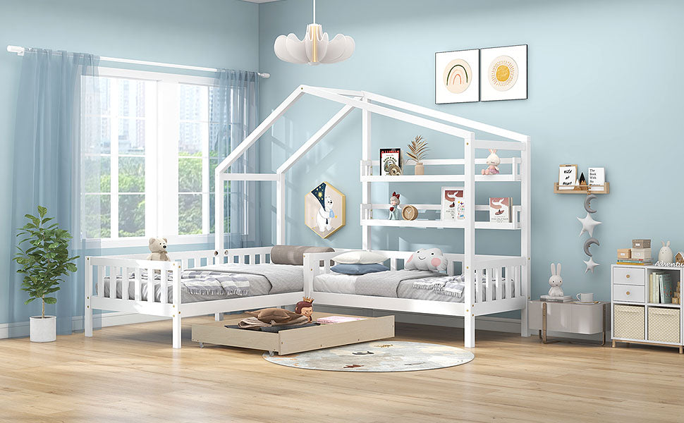 Logidon kinderhuisbed wit massief hout met lades 90x200+140x70
