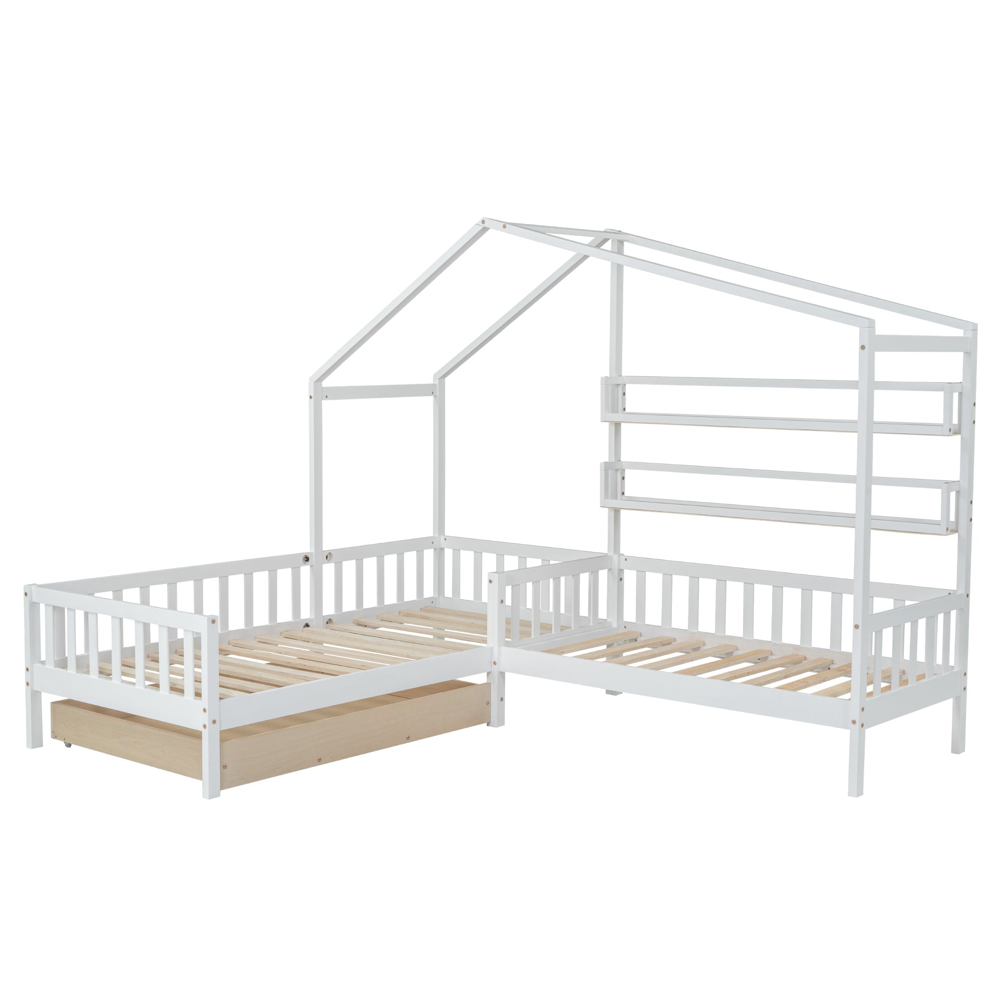 Logidon kinderhuisbed wit massief hout met lades 90x200+140x70