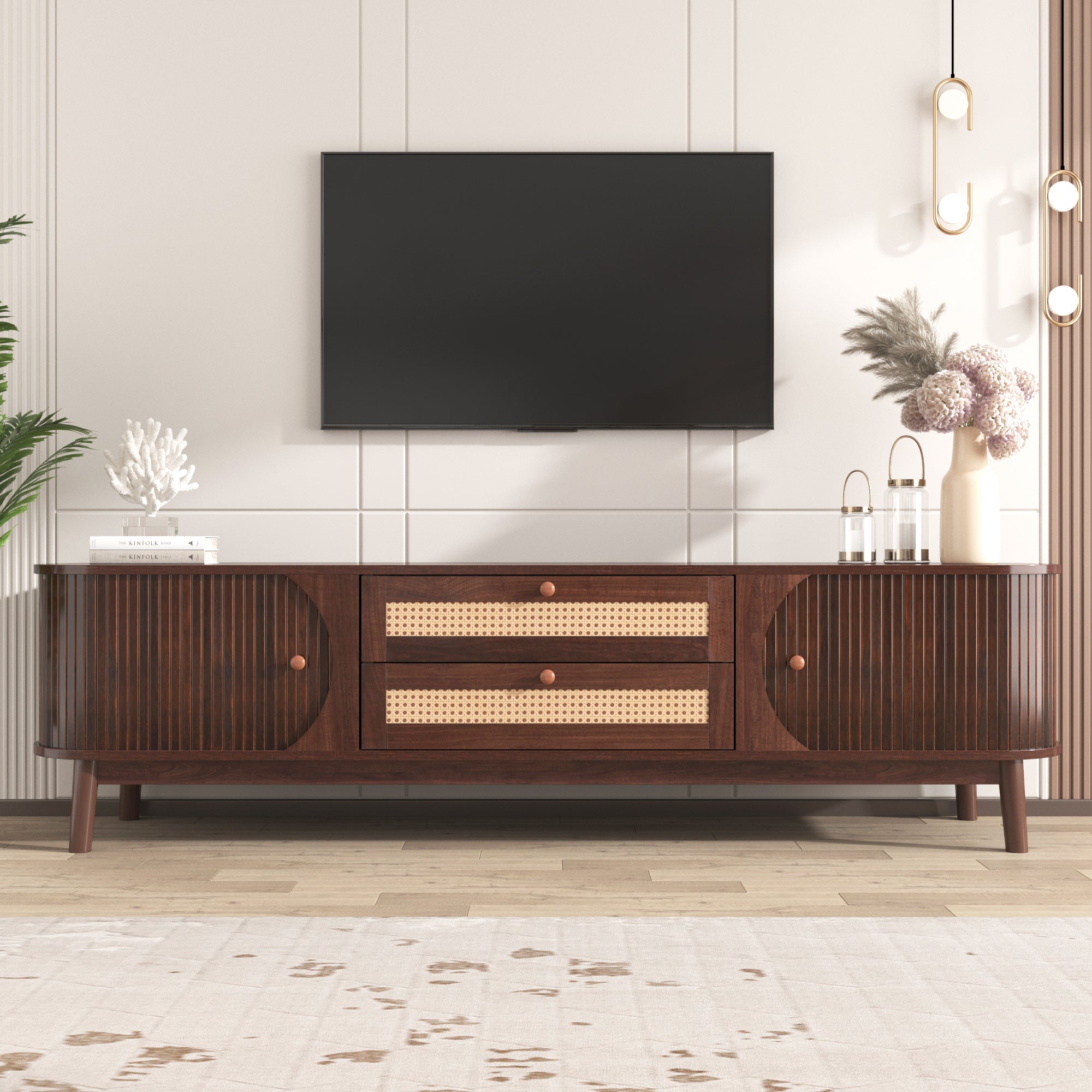 Logidon TV cabinet natural wood blend with rattan sides doors drawers