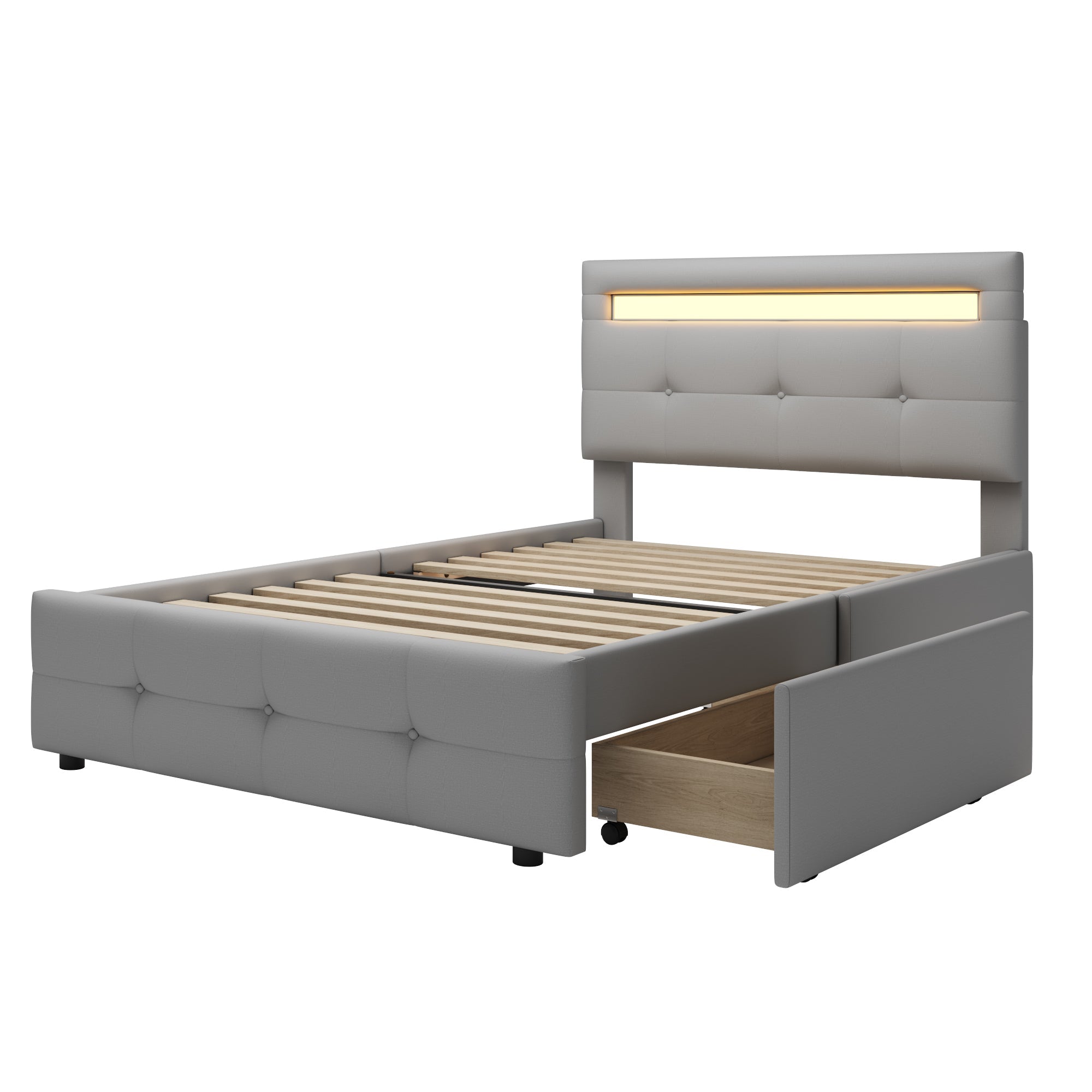 Logidon gestoffeerd bed 90x200 cm linnen bekleding, LED-verlichting, 2 laden grijs