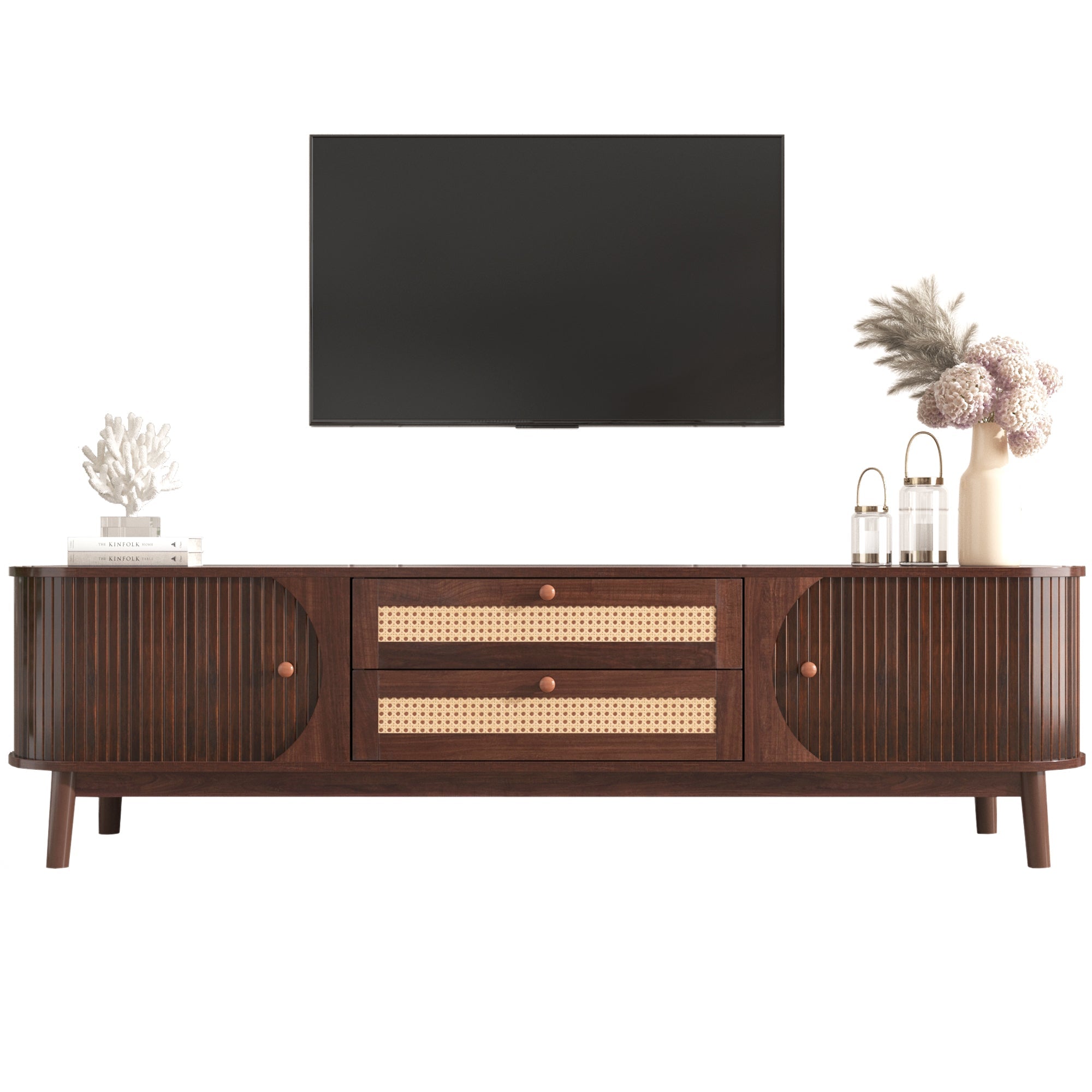 Logidon TV cabinet natural wood blend with rattan sides doors drawers