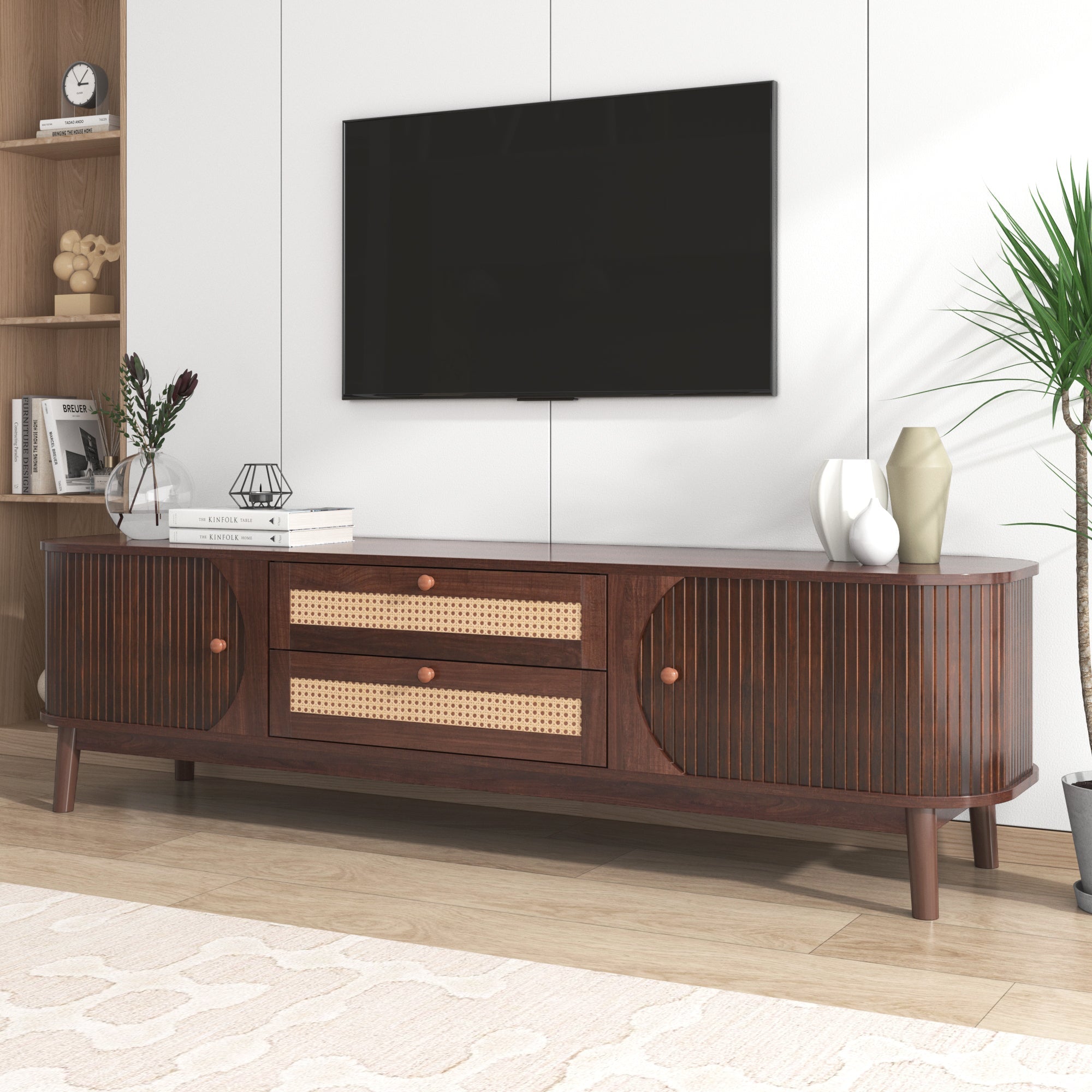 Logidon TV cabinet natural wood blend with rattan sides doors drawers