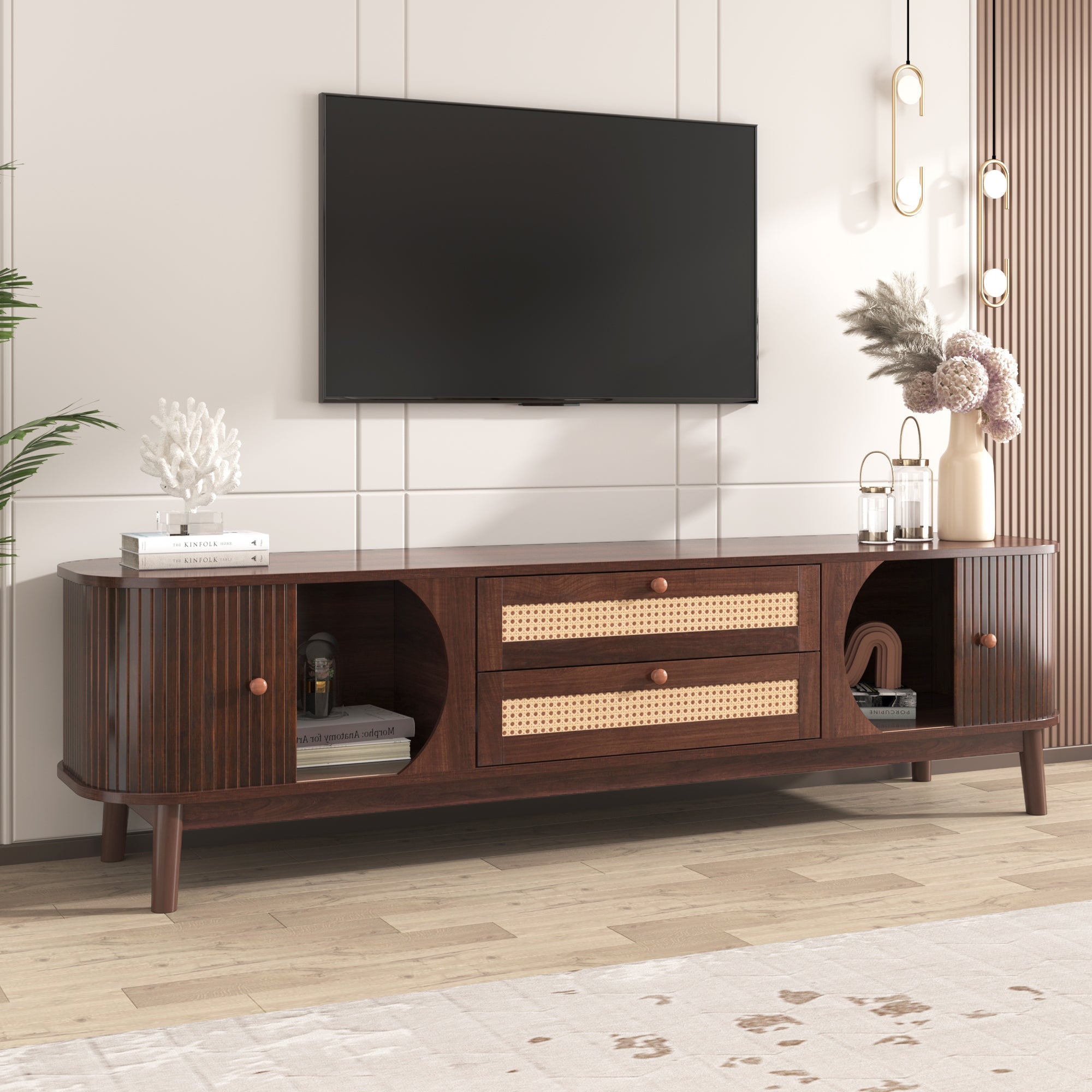 Logidon TV cabinet natural wood blend with rattan sides doors drawers
