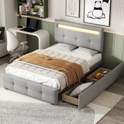 Logidon gestoffeerd bed 90x200 cm linnen bekleding, LED-verlichting, 2 laden grijs
