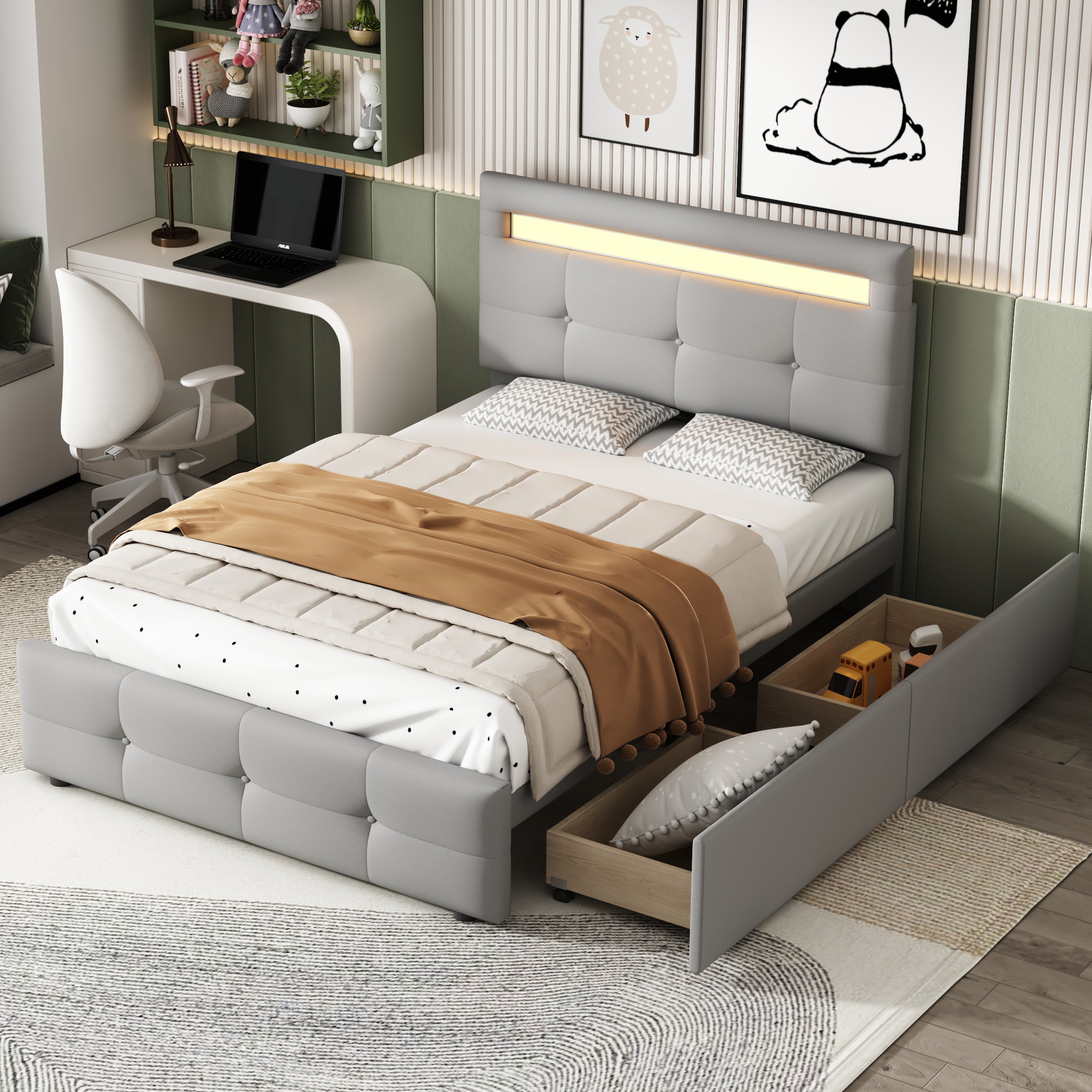 Logidon gestoffeerd bed 90x200 cm linnen bekleding, LED-verlichting, 2 laden grijs