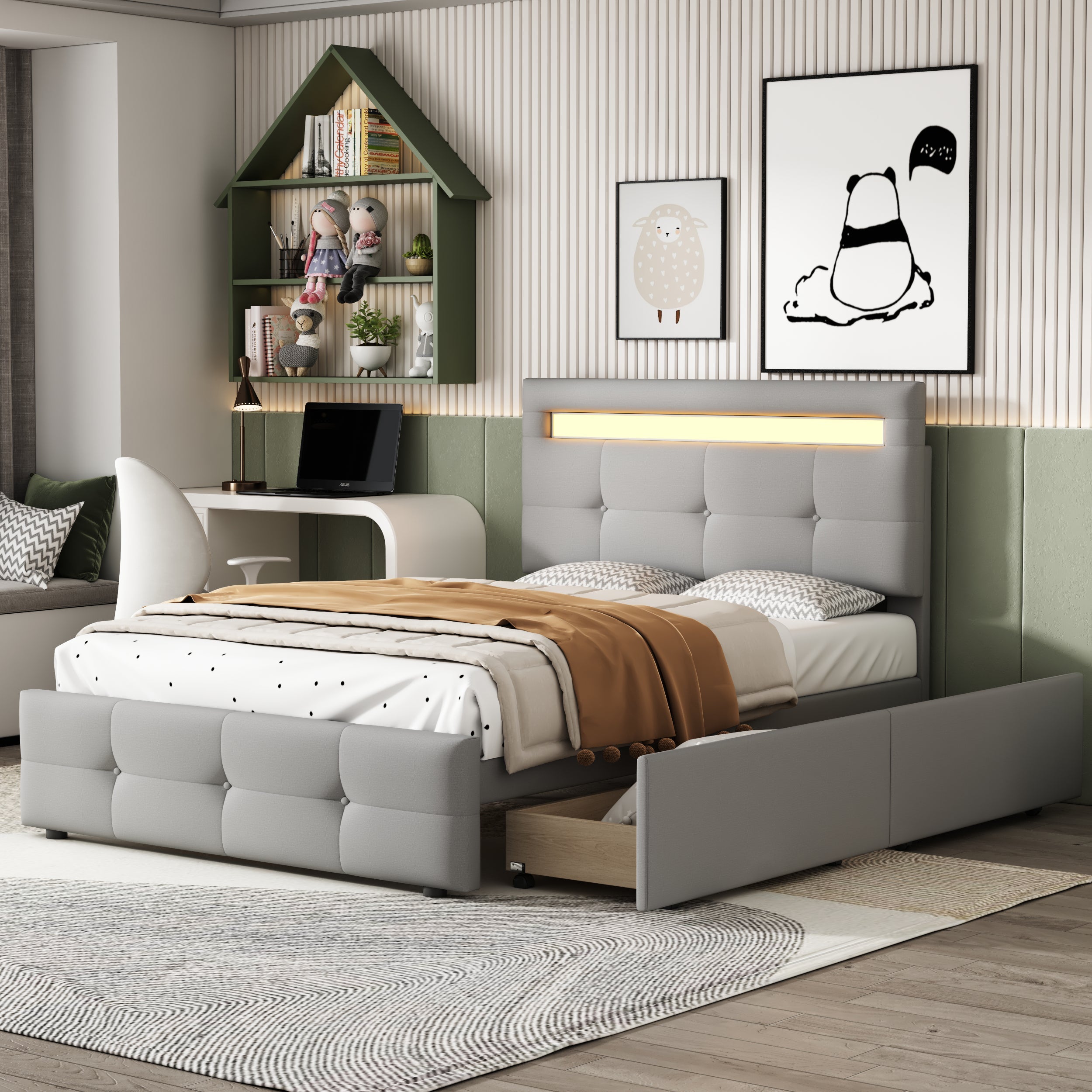 Logidon gestoffeerd bed 90x200 cm linnen bekleding, LED-verlichting, 2 laden grijs