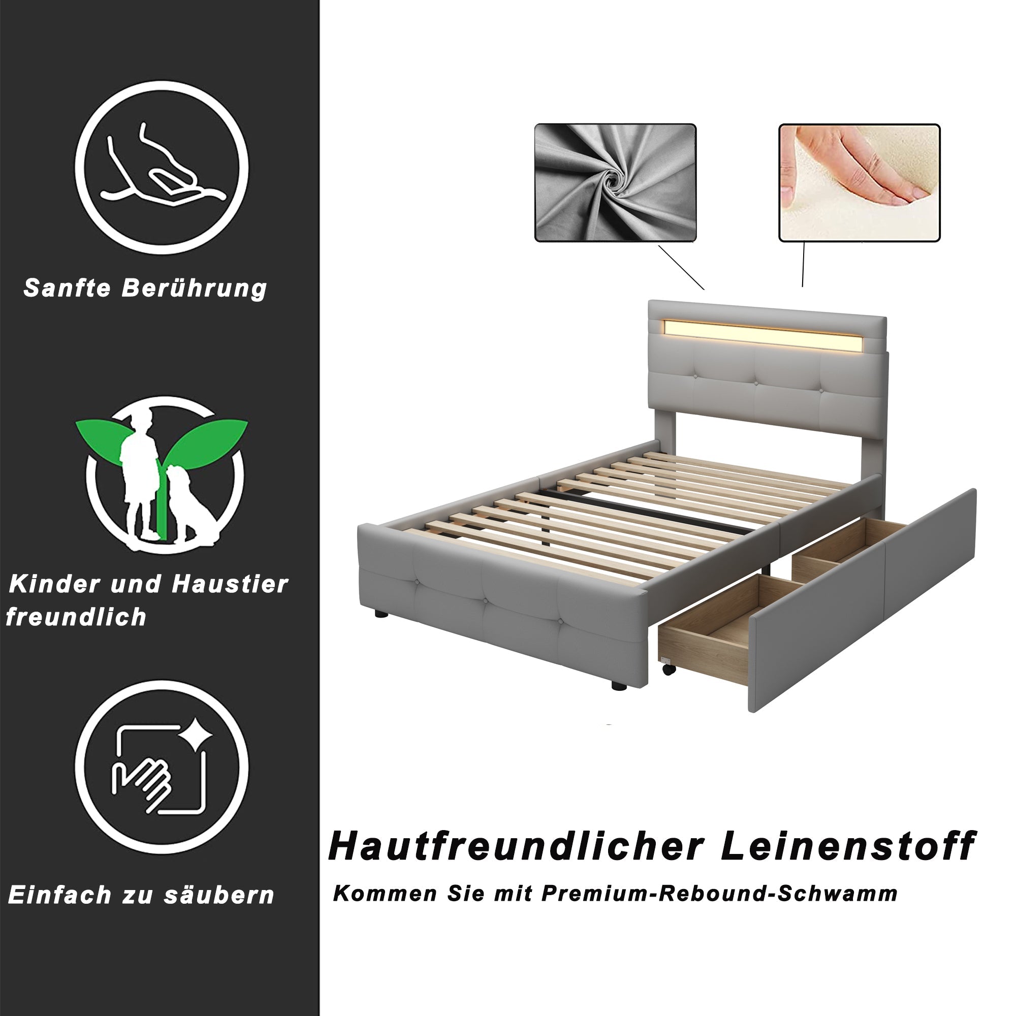 Logidon gestoffeerd bed 90x200 cm linnen bekleding, LED-verlichting, 2 laden grijs