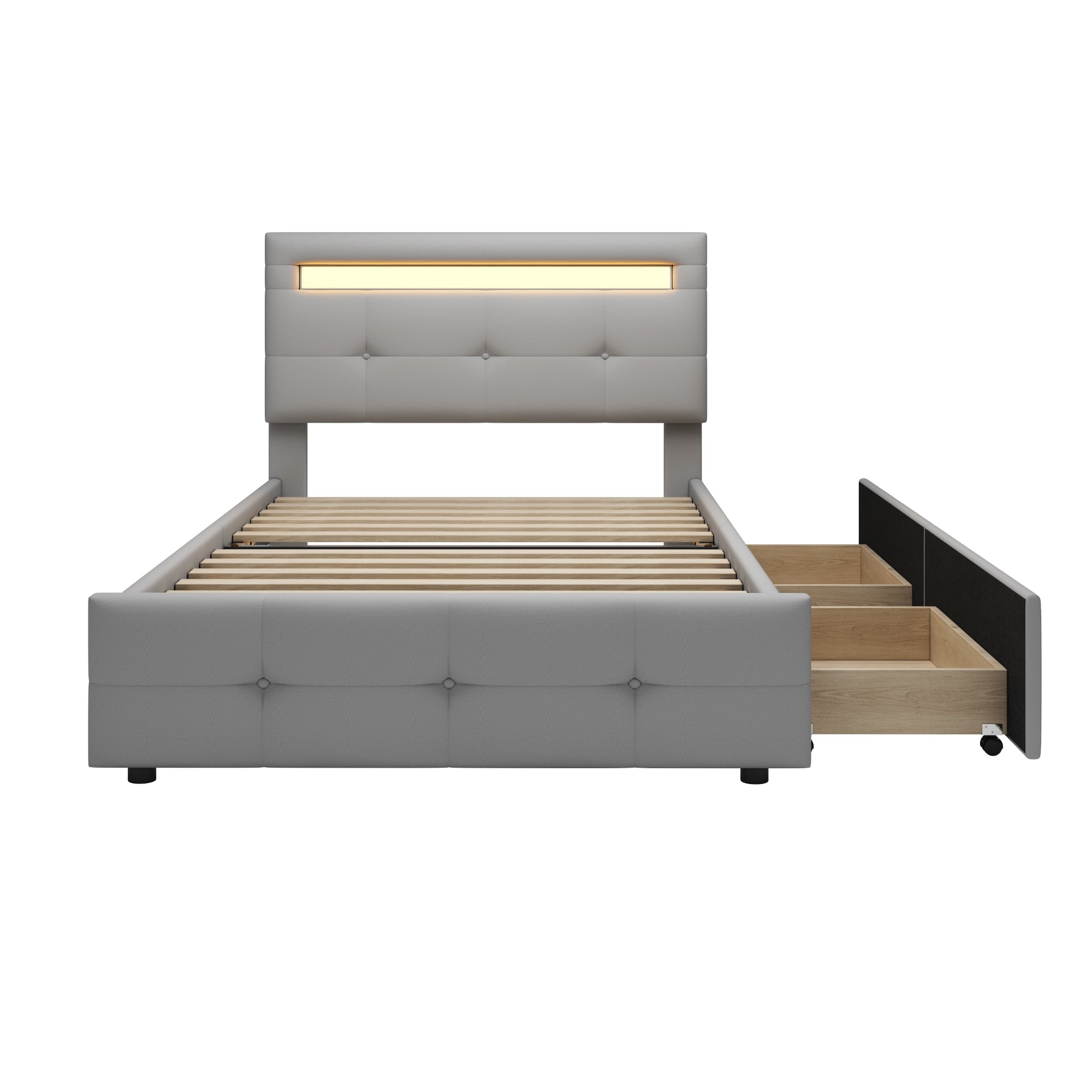 Logidon gestoffeerd bed 90x200 cm linnen bekleding, LED-verlichting, 2 laden grijs