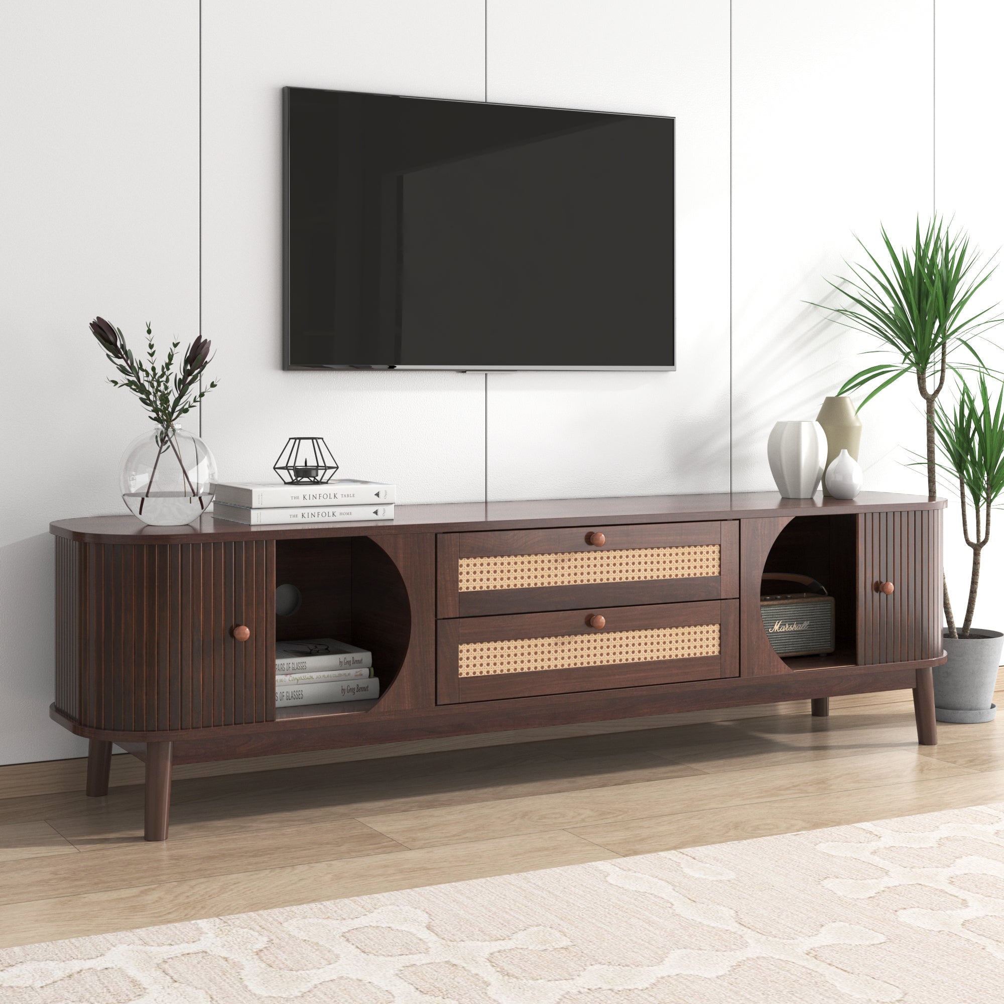 Logidon TV cabinet natural wood blend with rattan sides doors drawers