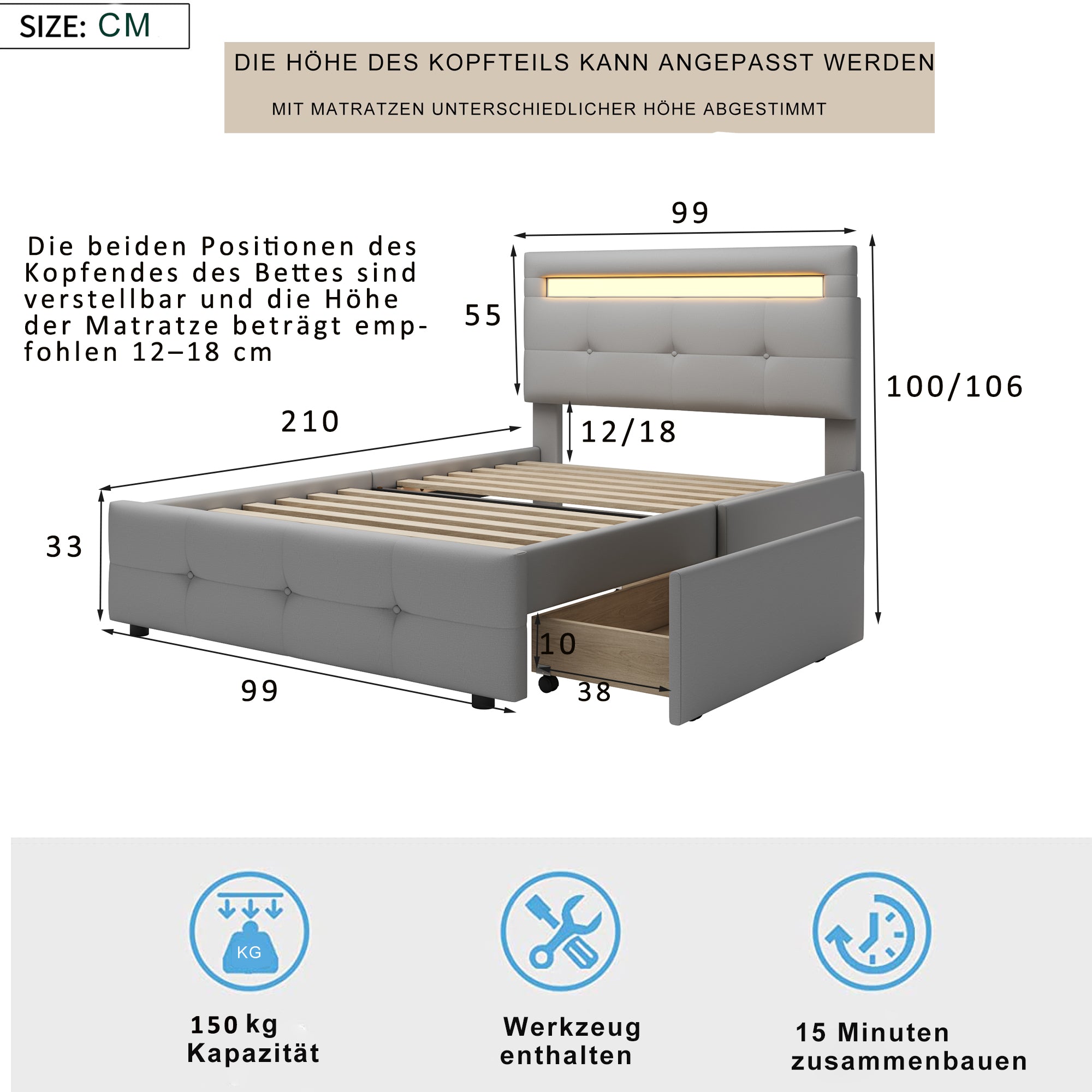 Logidon gestoffeerd bed 90x200 cm linnen bekleding, LED-verlichting, 2 laden grijs