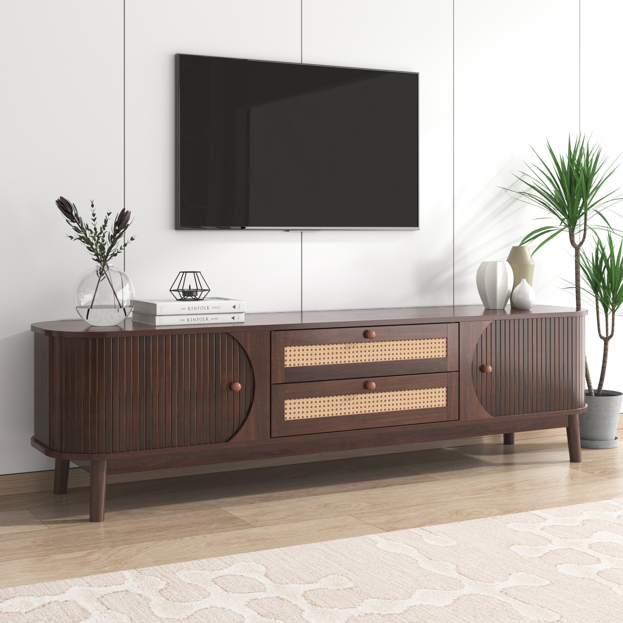 Logidon TV cabinet natural wood blend with rattan sides doors drawers