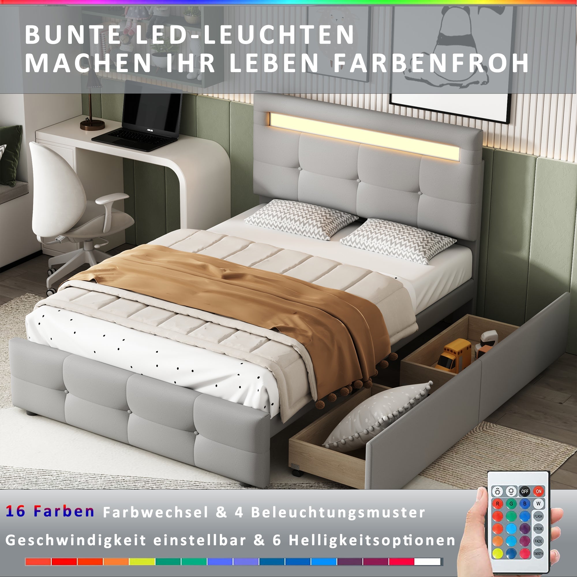 Logidon gestoffeerd bed 90x200 cm linnen bekleding, LED-verlichting, 2 laden grijs
