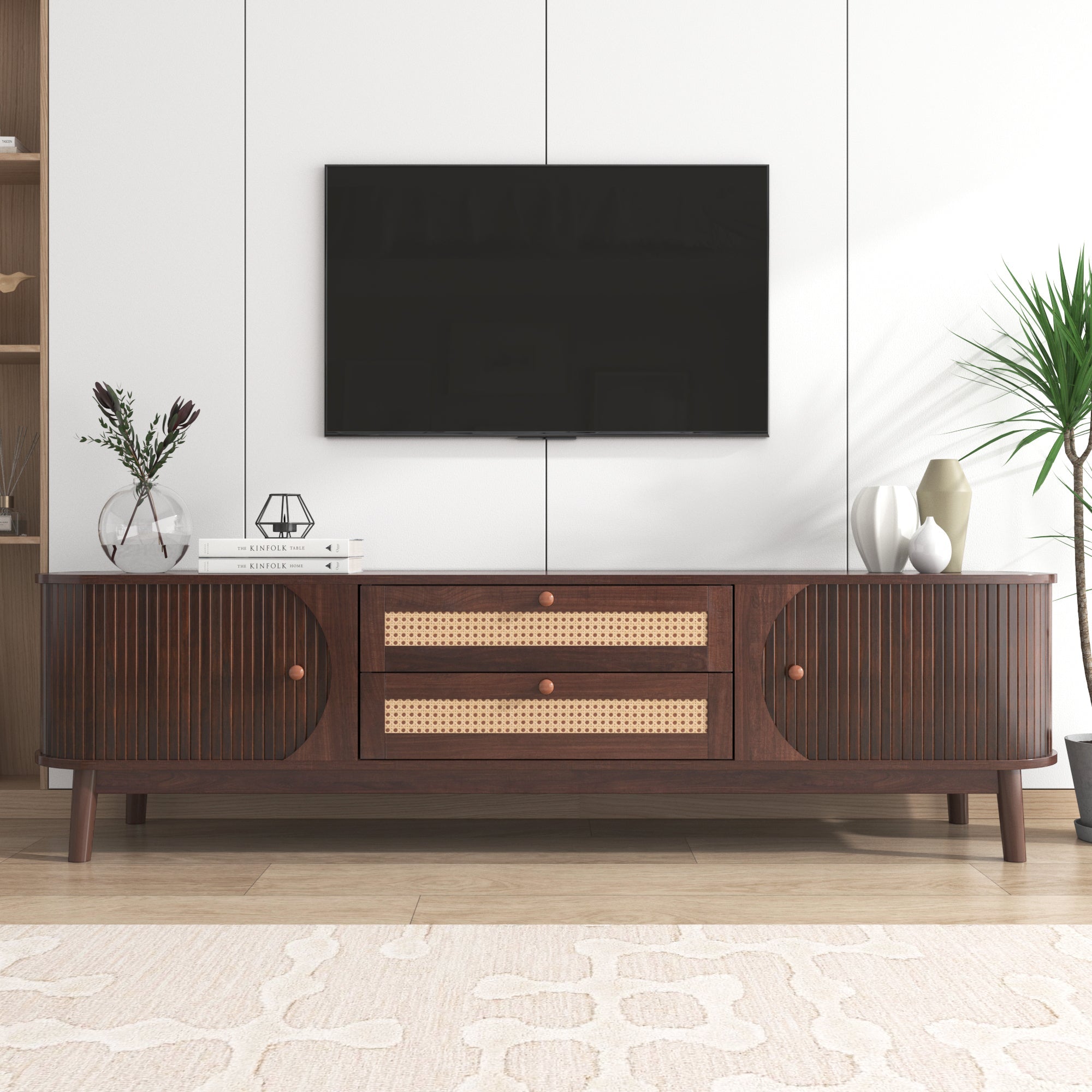 Logidon TV cabinet natural wood blend with rattan sides doors drawers