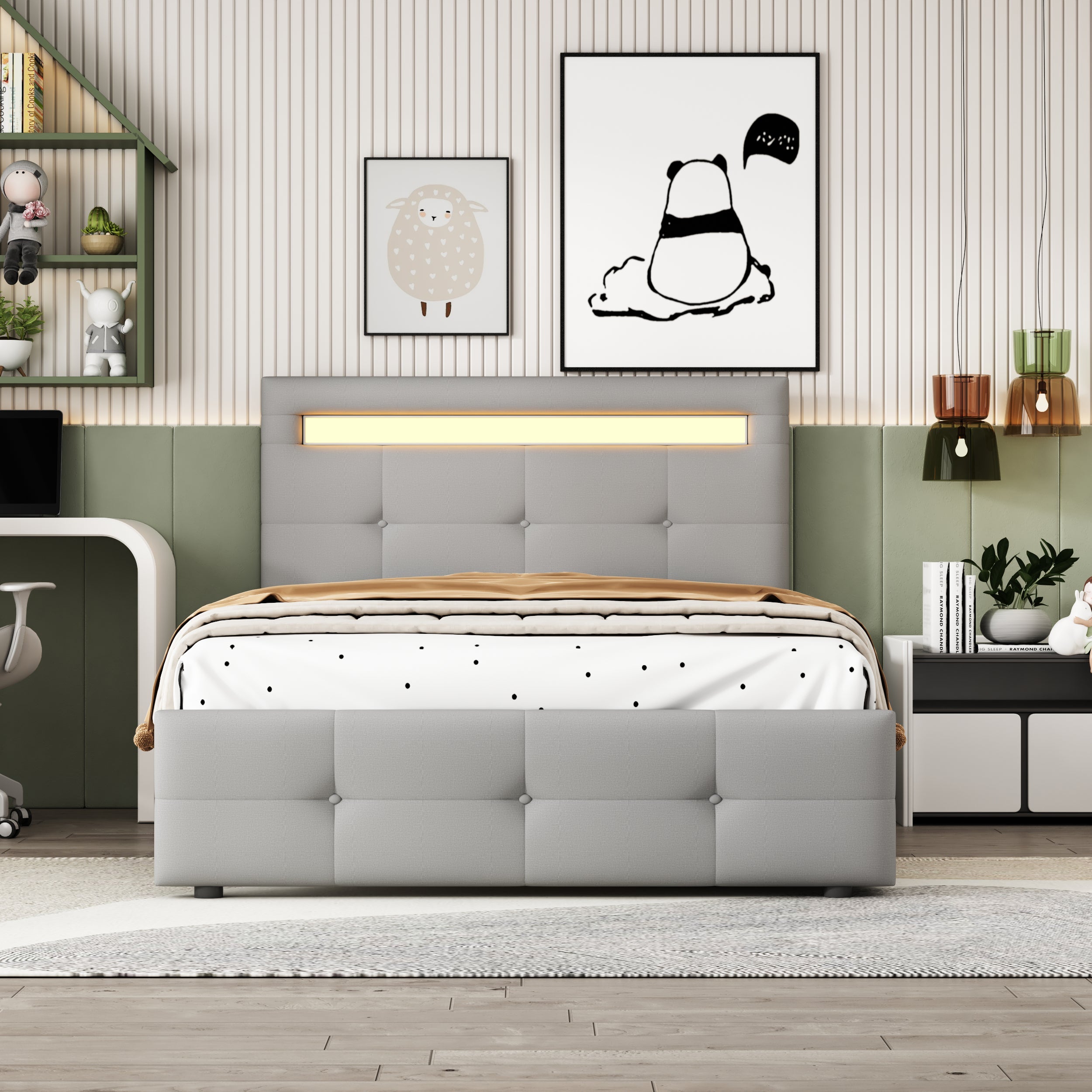 Logidon gestoffeerd bed 90x200 cm linnen bekleding, LED-verlichting, 2 laden grijs