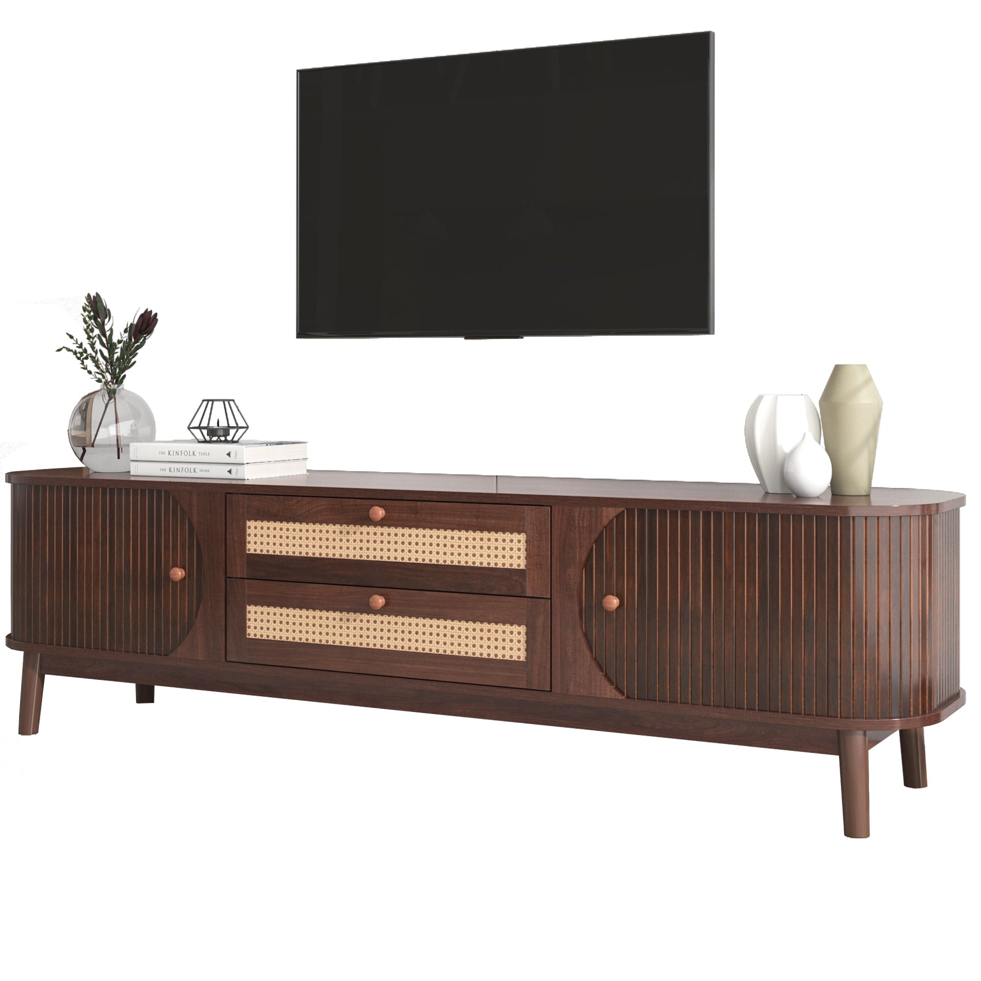 Logidon TV cabinet natural wood blend with rattan sides doors drawers
